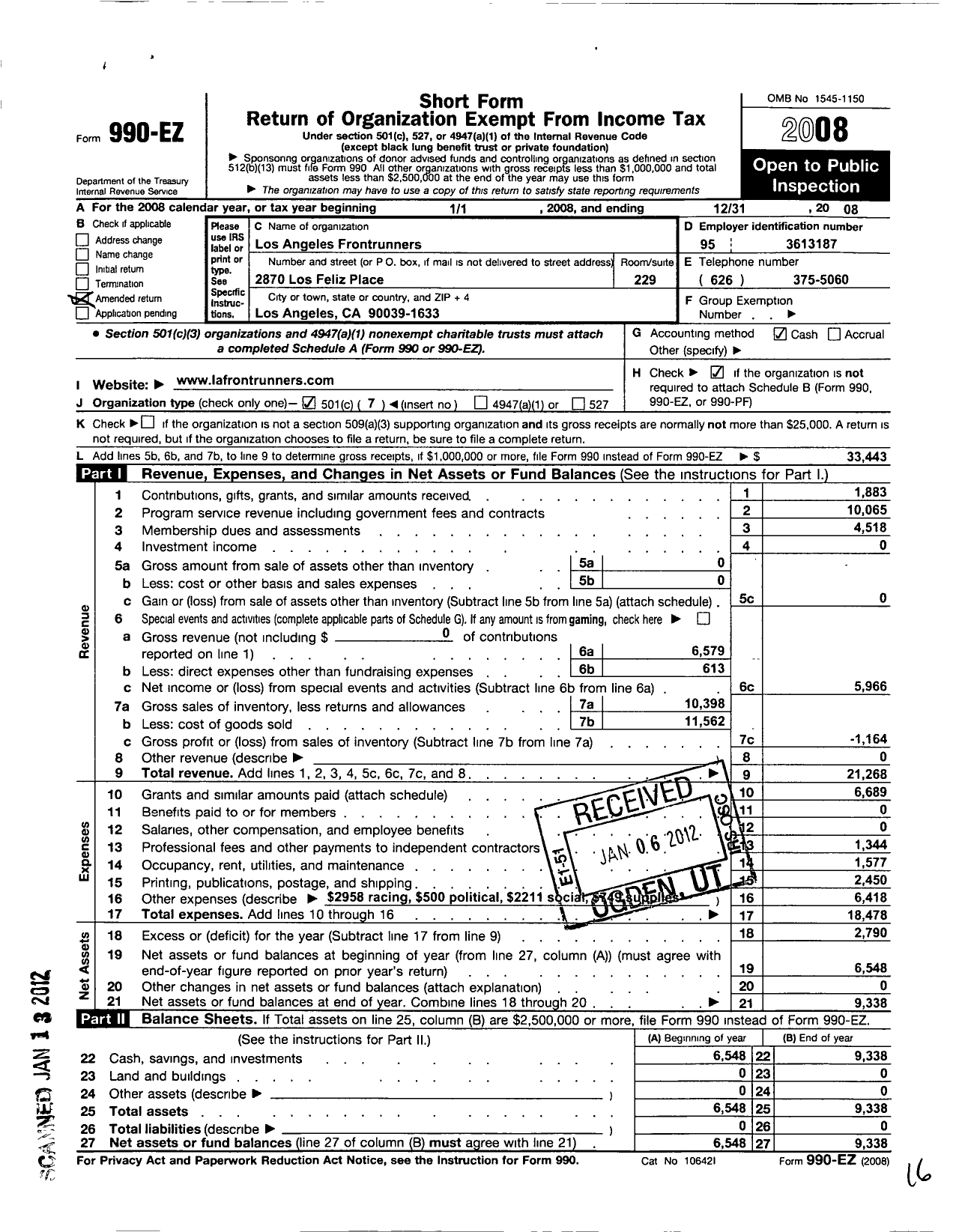 Image of first page of 2008 Form 990EO for Los Angeles Frontrunners