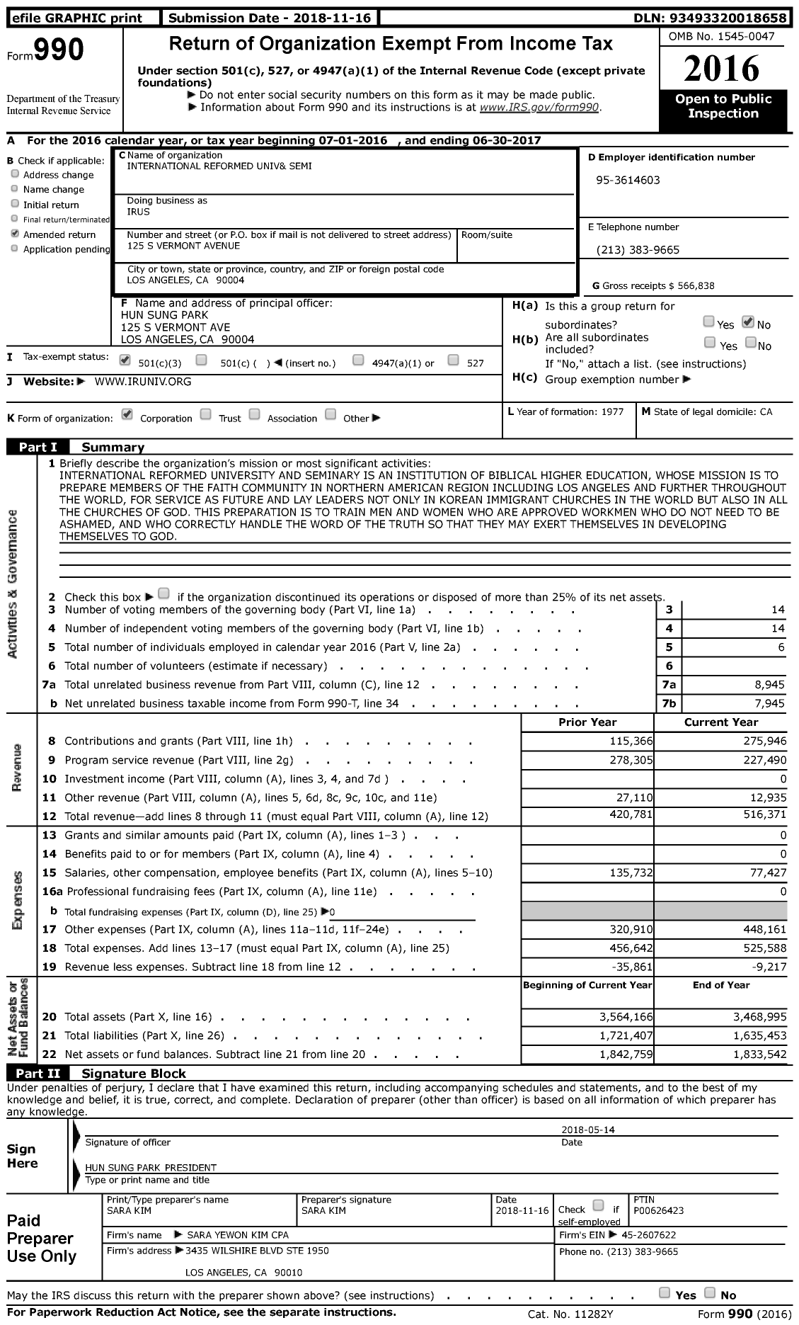 Image of first page of 2016 Form 990 for International Reformed Univ& Semi (IRUS)