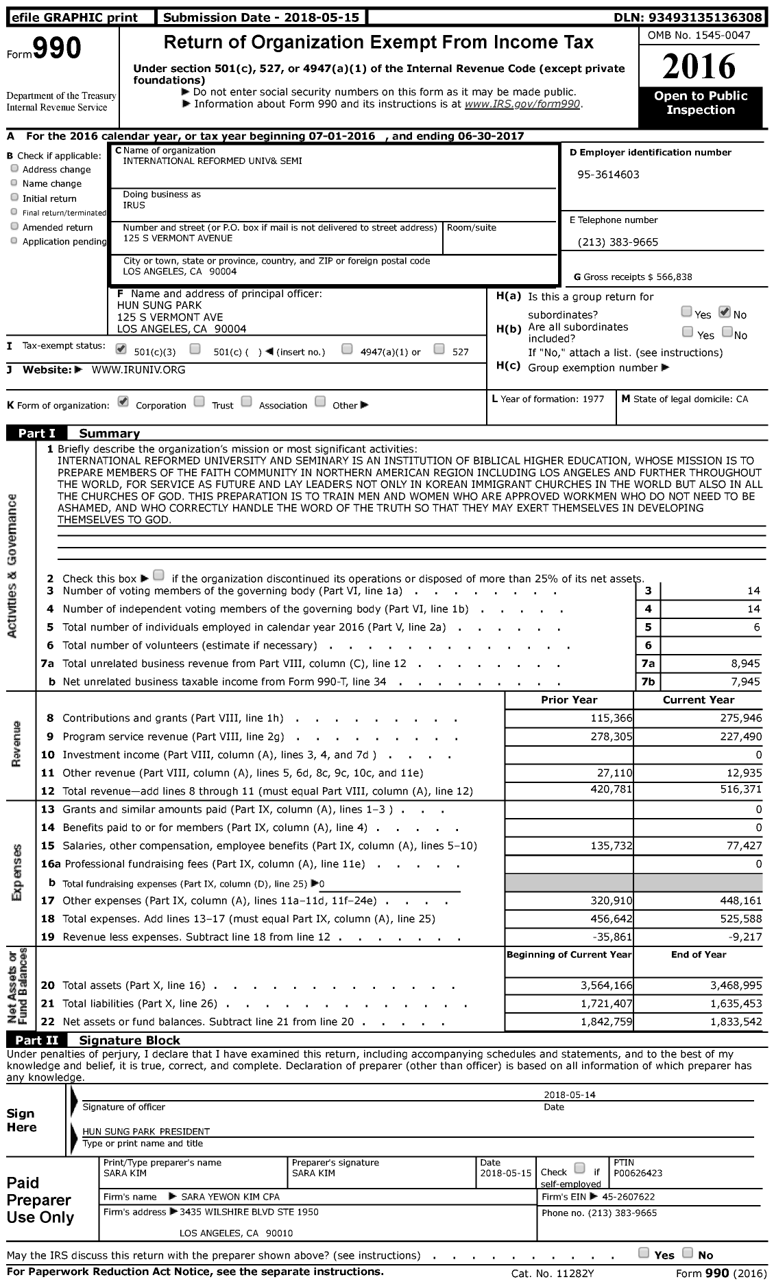 Image of first page of 2016 Form 990 for International Reformed Univ& Semi (IRUS)