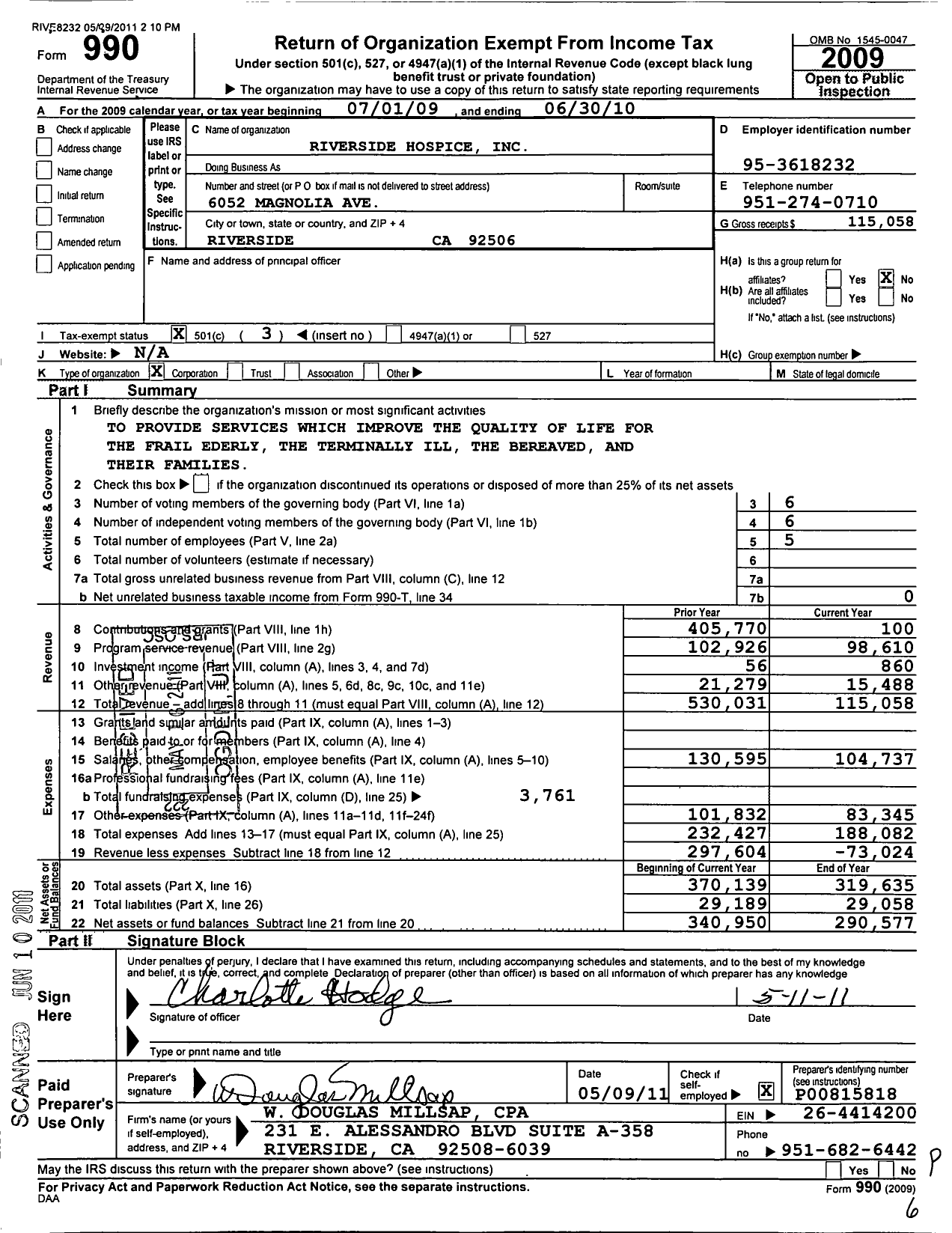 Image of first page of 2009 Form 990 for Riverside Hospice