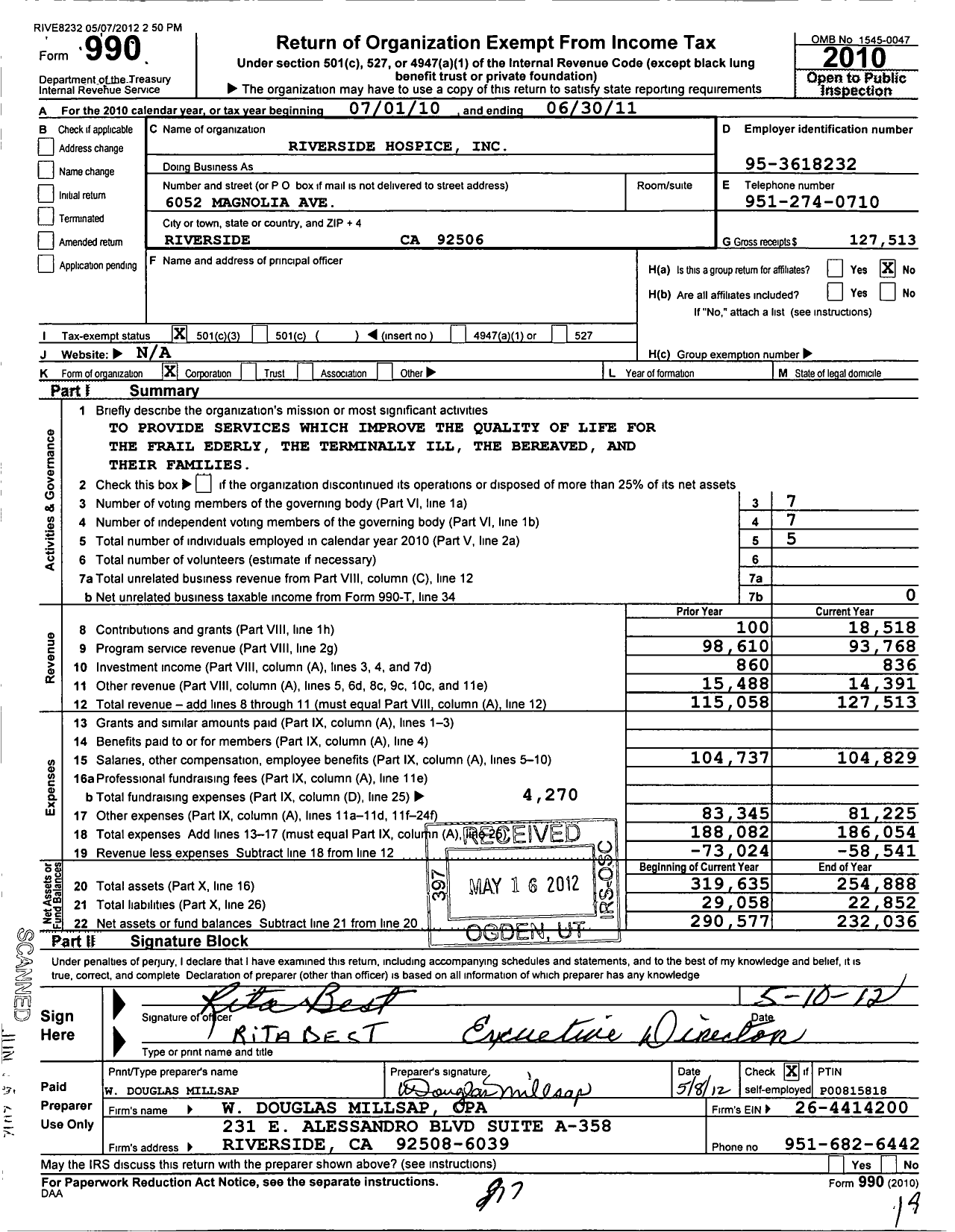 Image of first page of 2010 Form 990 for Riverside Hospice