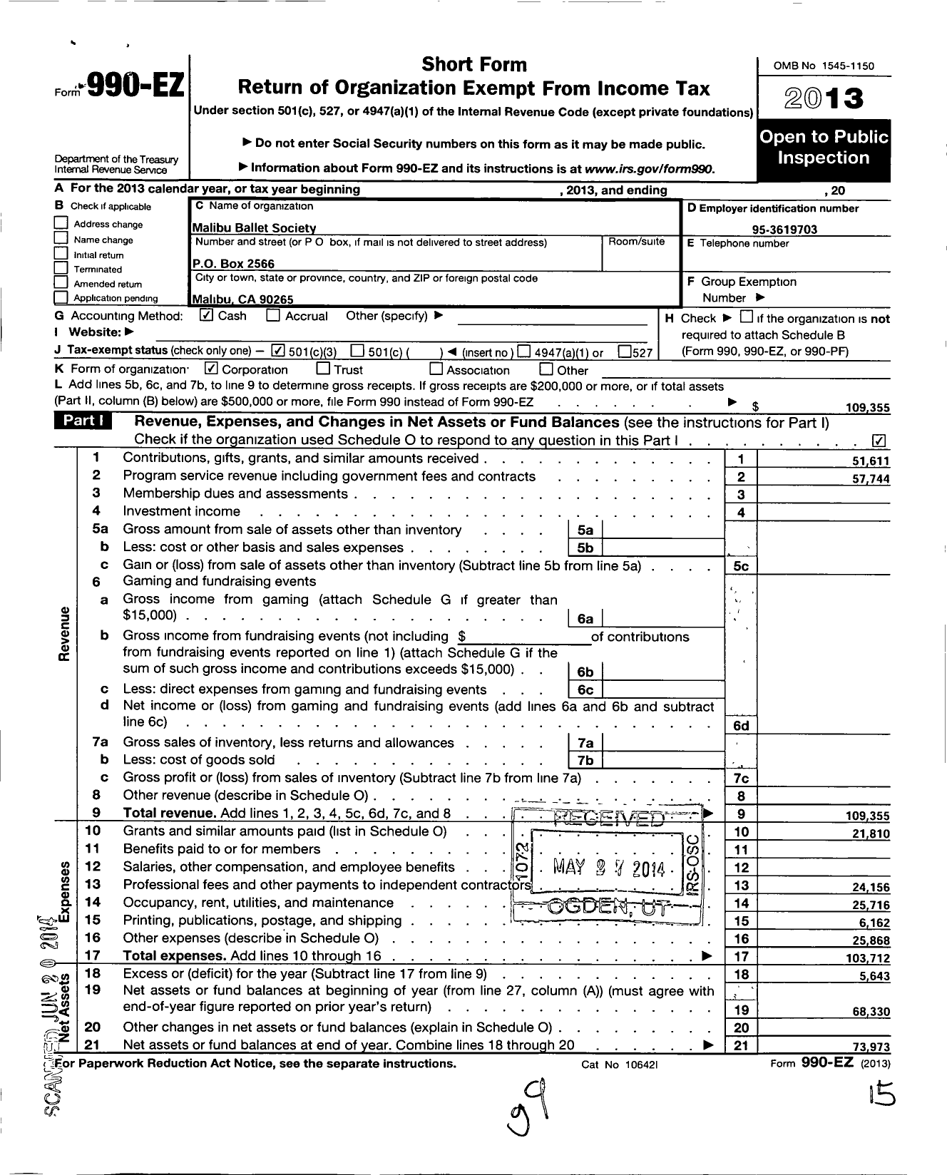 Image of first page of 2013 Form 990EZ for Malibu Ballet Society