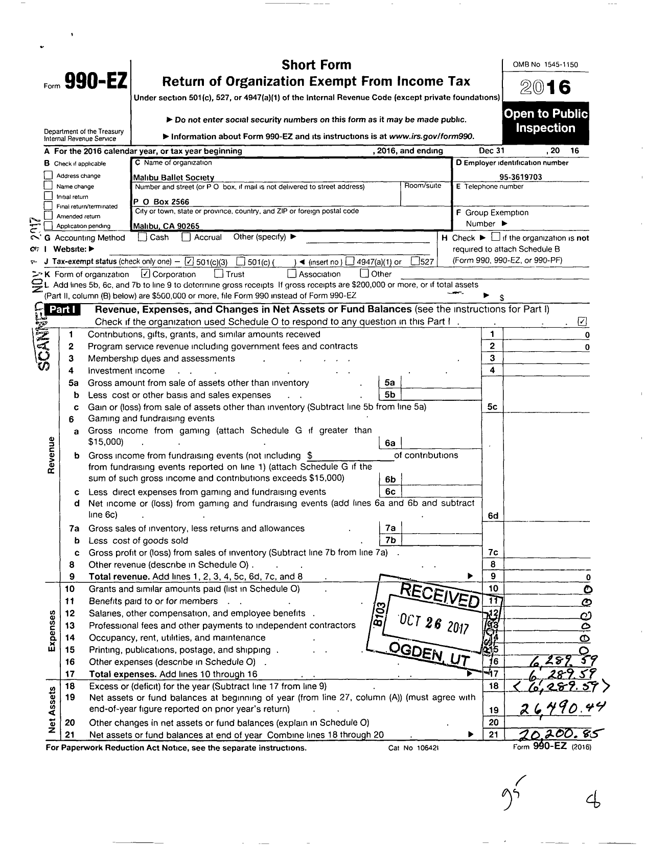 Image of first page of 2016 Form 990EZ for Malibu Ballet Society