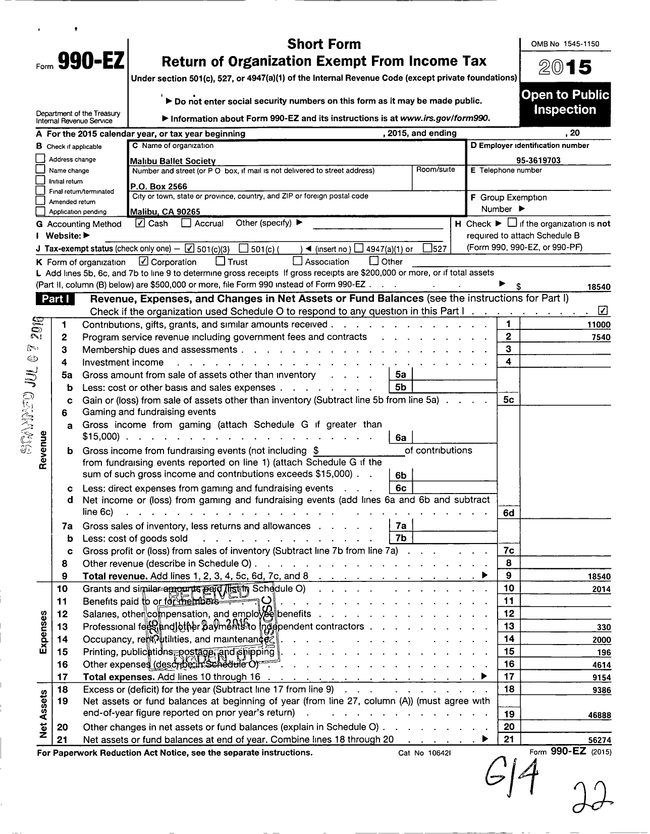 Image of first page of 2015 Form 990EZ for Malibu Ballet Society