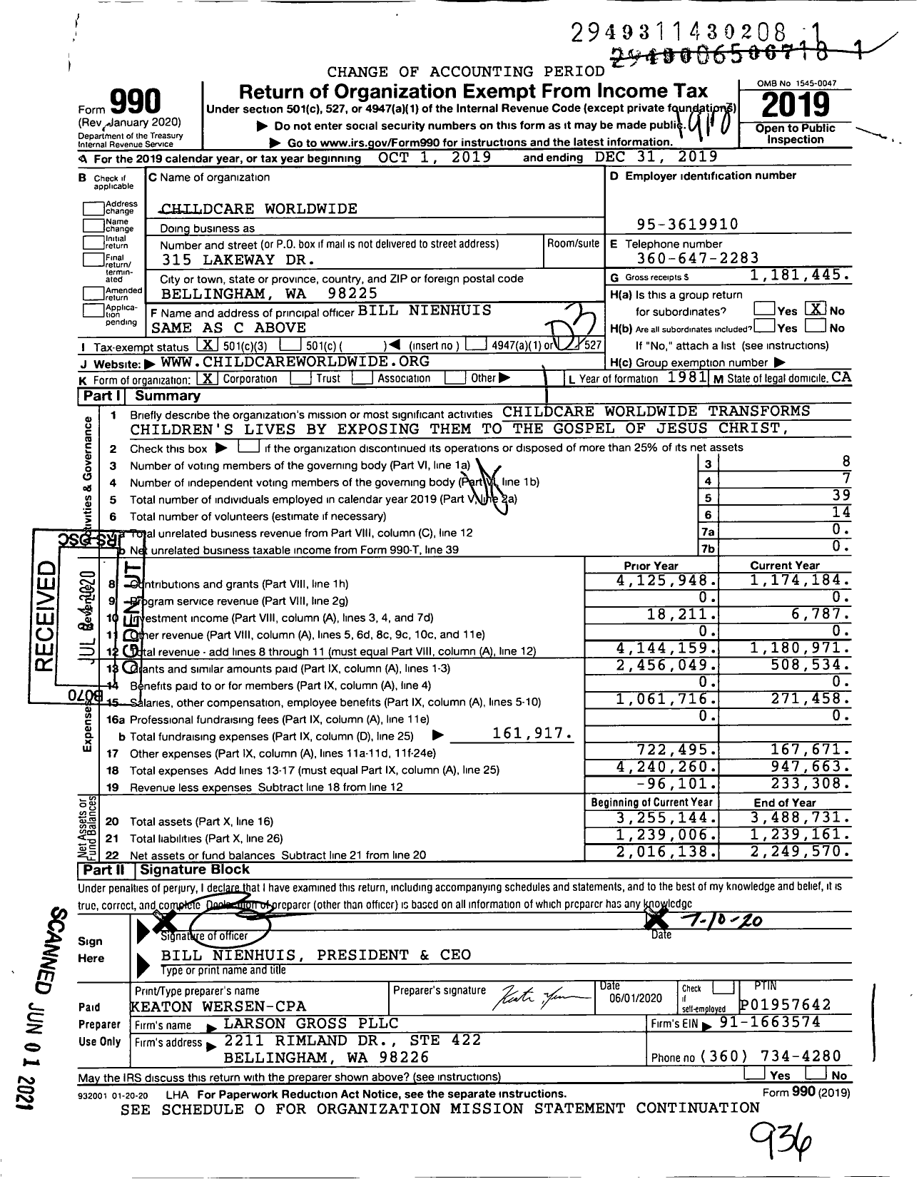 Image of first page of 2019 Form 990 for Childcare Worldwide