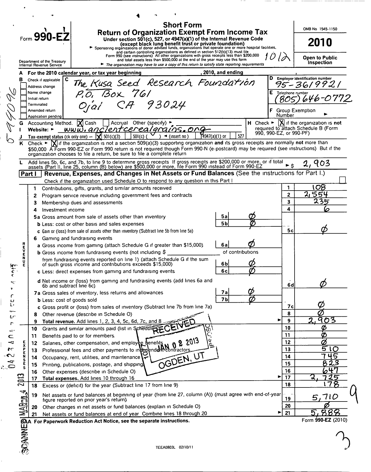 Image of first page of 2010 Form 990EZ for Kusa Seed Research Foundation