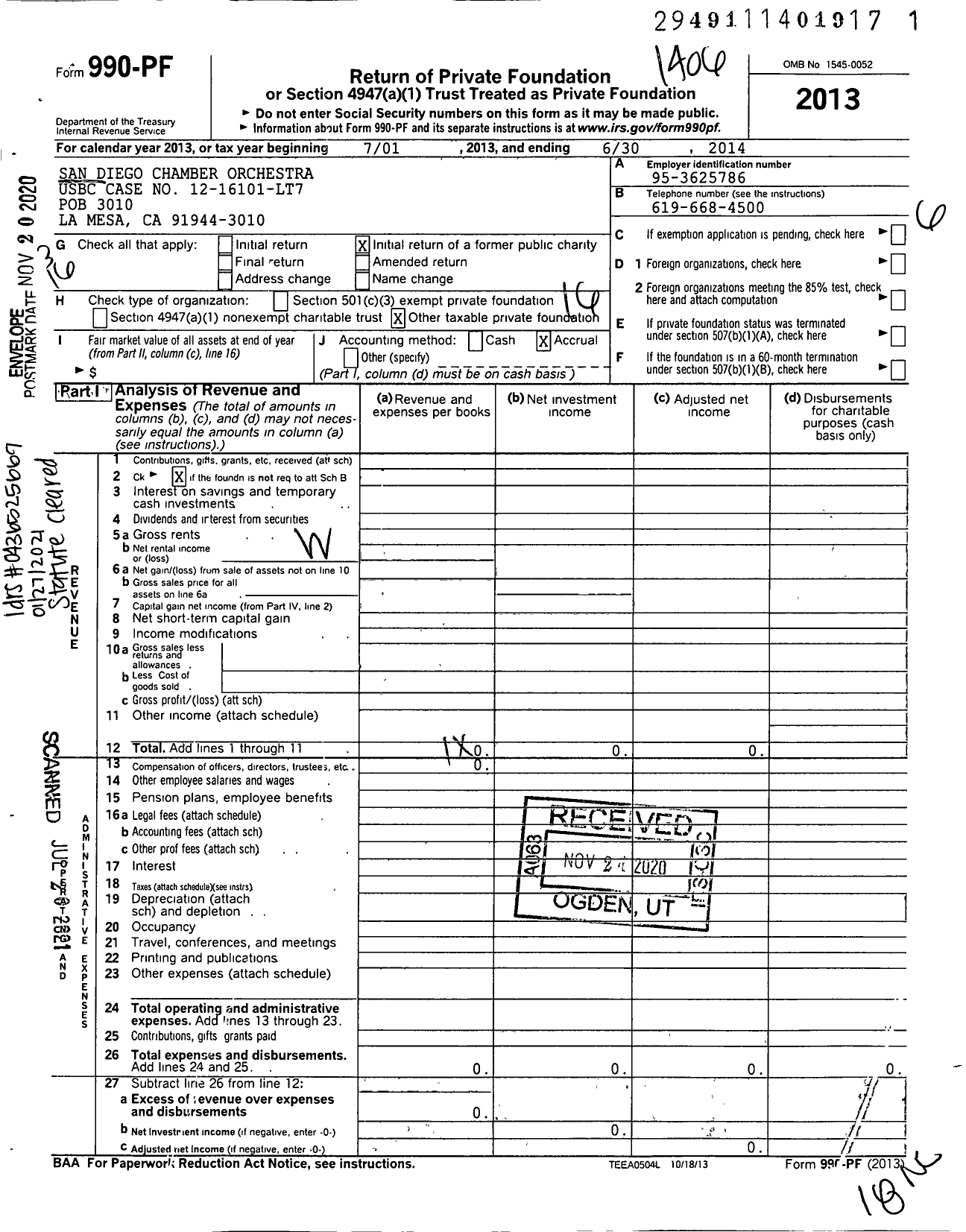 Image of first page of 2013 Form 990PF for San Diego Chamber Orchestra Usbc Case No