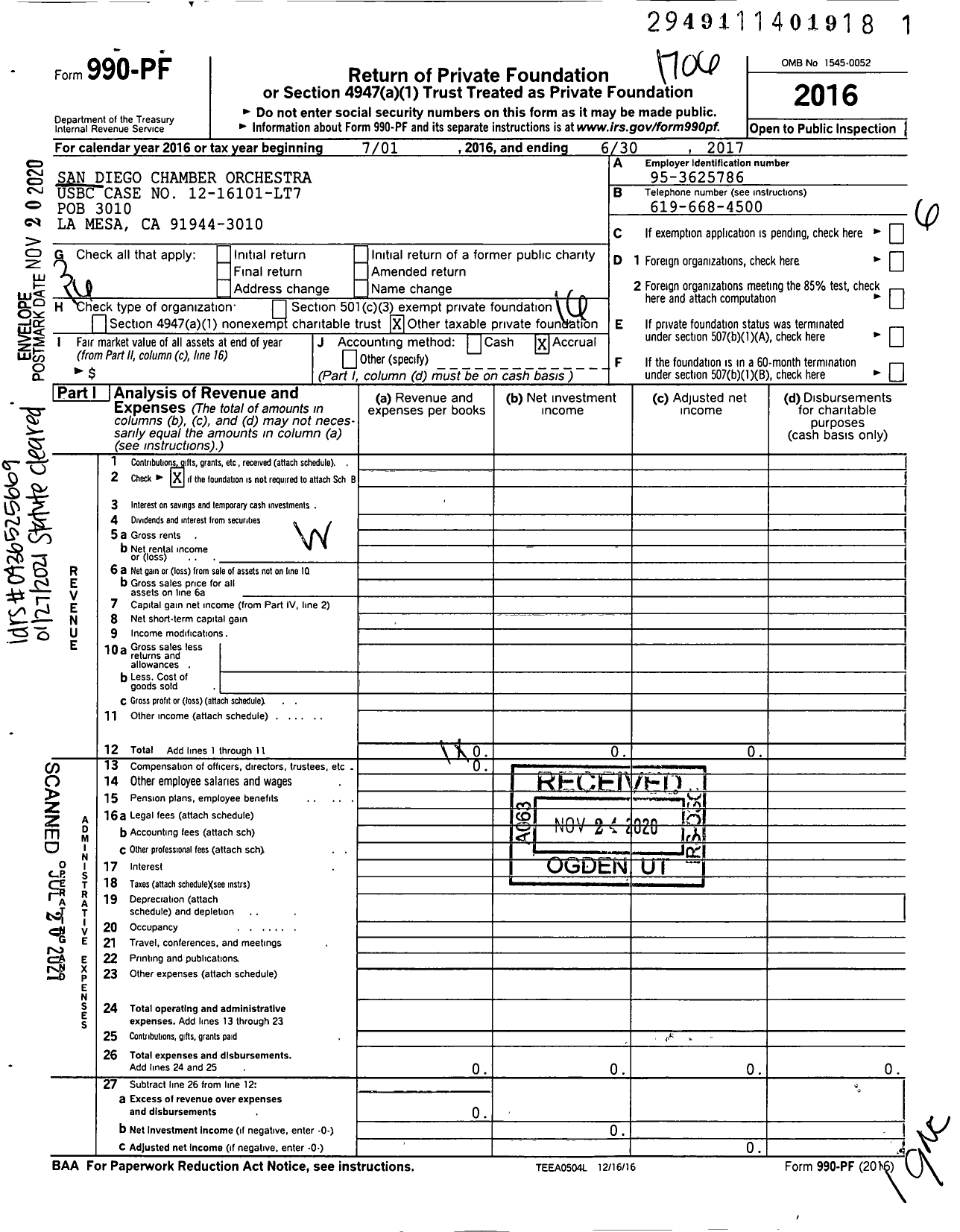 Image of first page of 2016 Form 990PF for San Diego Chamber Orchestra Usbc Case No