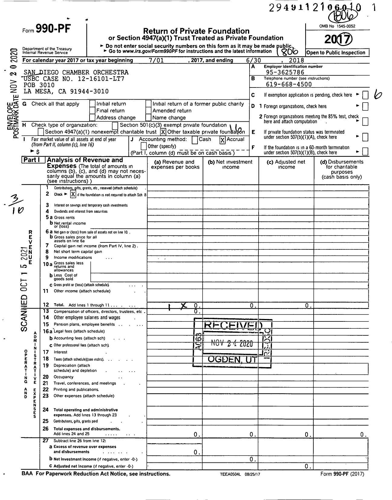 Image of first page of 2017 Form 990PF for San Diego Chamber Orchestra Usbc Case No