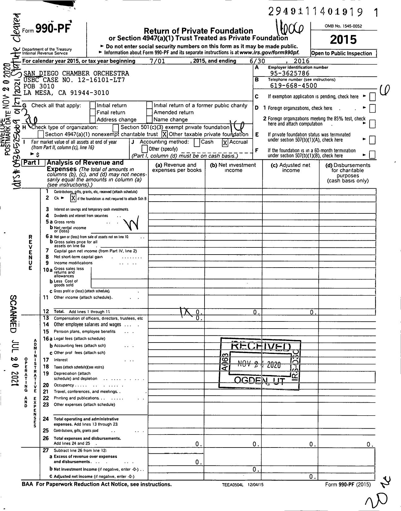 Image of first page of 2015 Form 990PF for San Diego Chamber Orchestra Usbc Case No