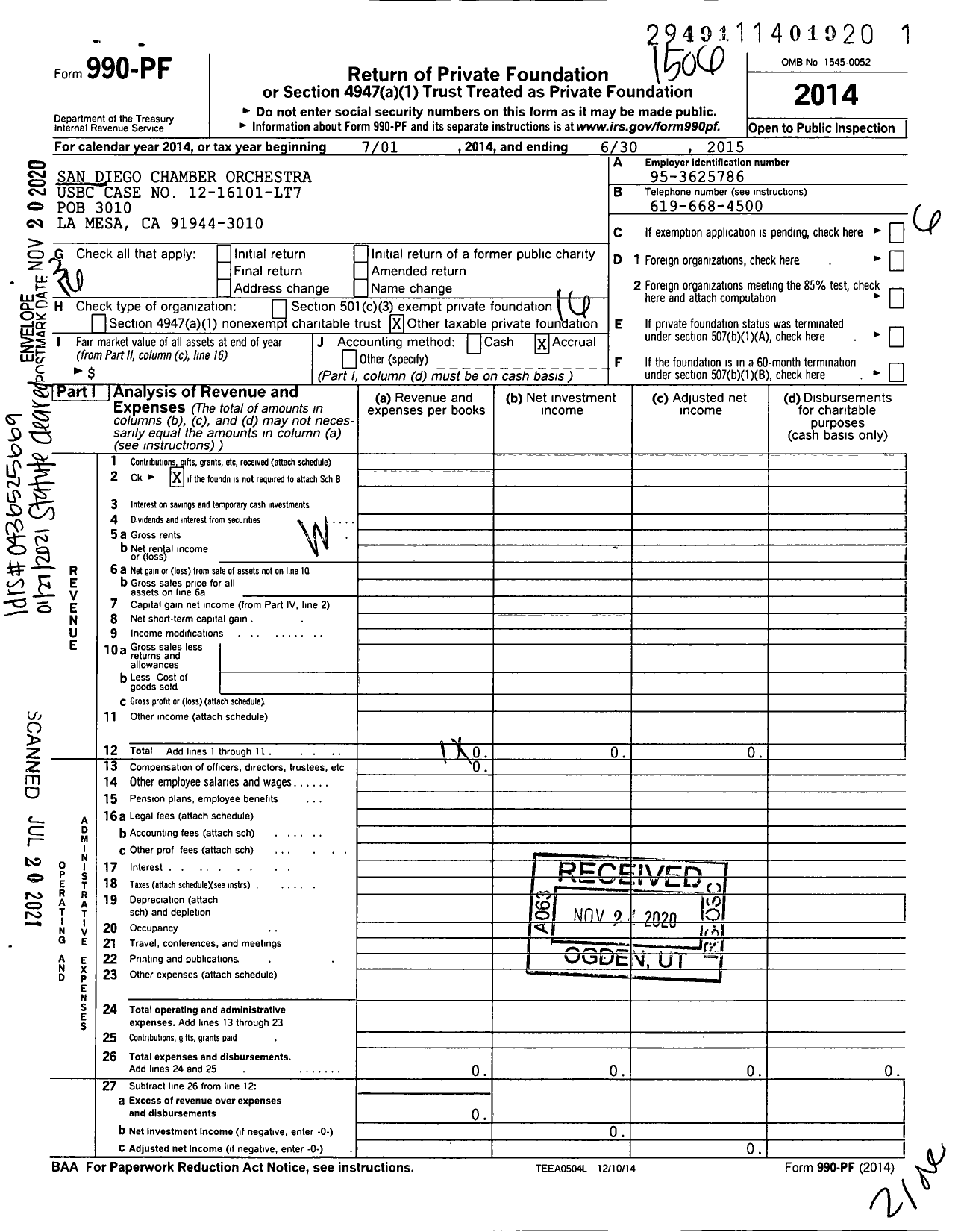 Image of first page of 2014 Form 990PF for San Diego Chamber Orchestra Usbc Case No