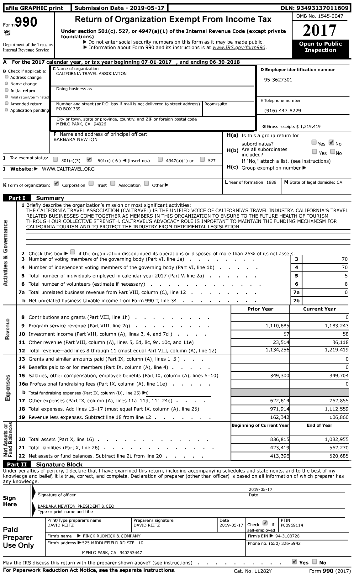 Image of first page of 2017 Form 990 for California Travel Association
