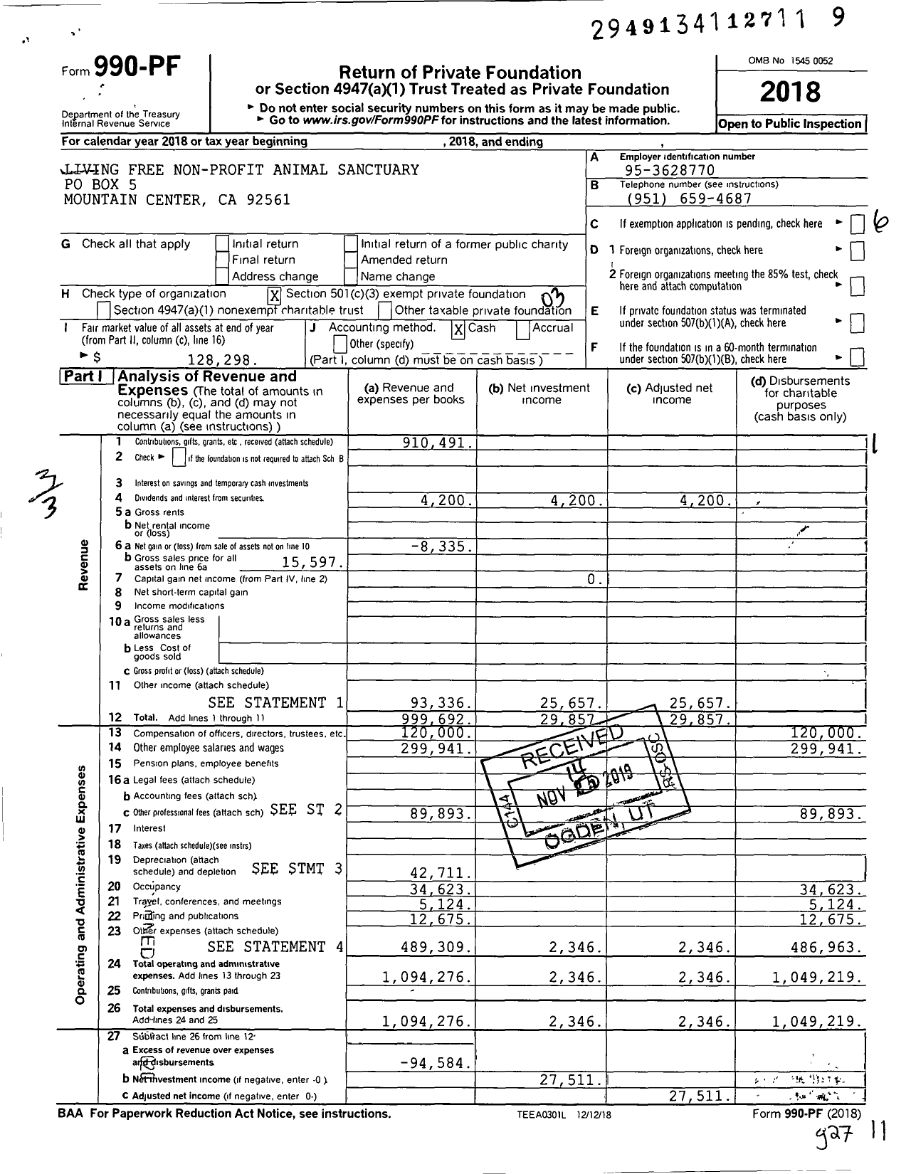 Image of first page of 2018 Form 990PF for Living Free Non-Profit Animal Sanctuary