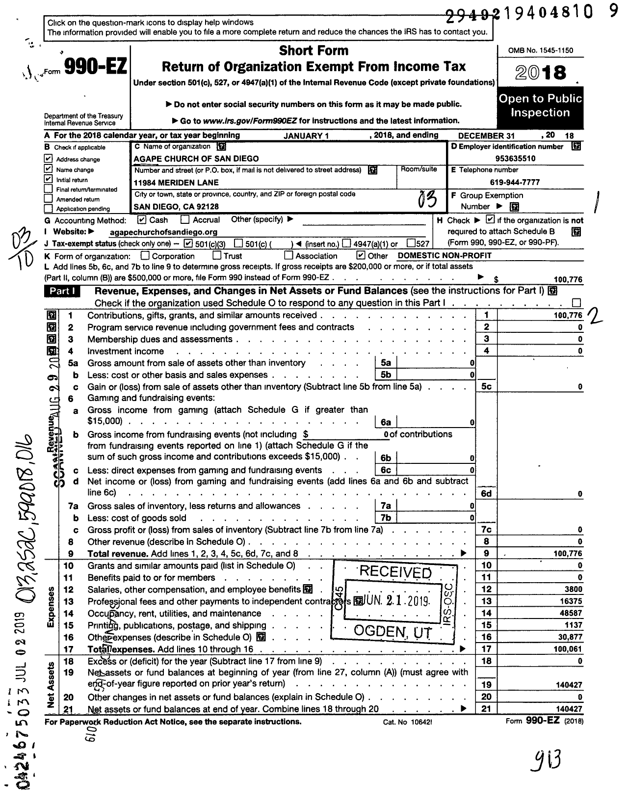 Image of first page of 2018 Form 990EZ for Agape Church of San Diego