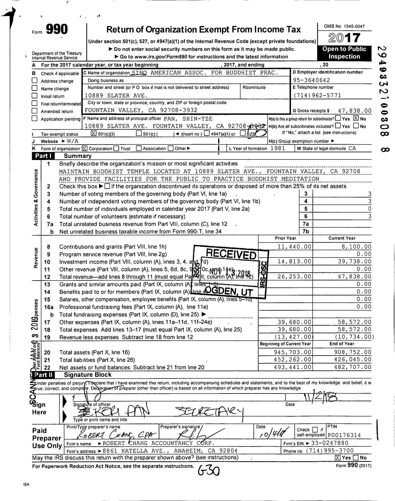 Image of first page of 2017 Form 990 for Sino American Association for Buddhist Practices