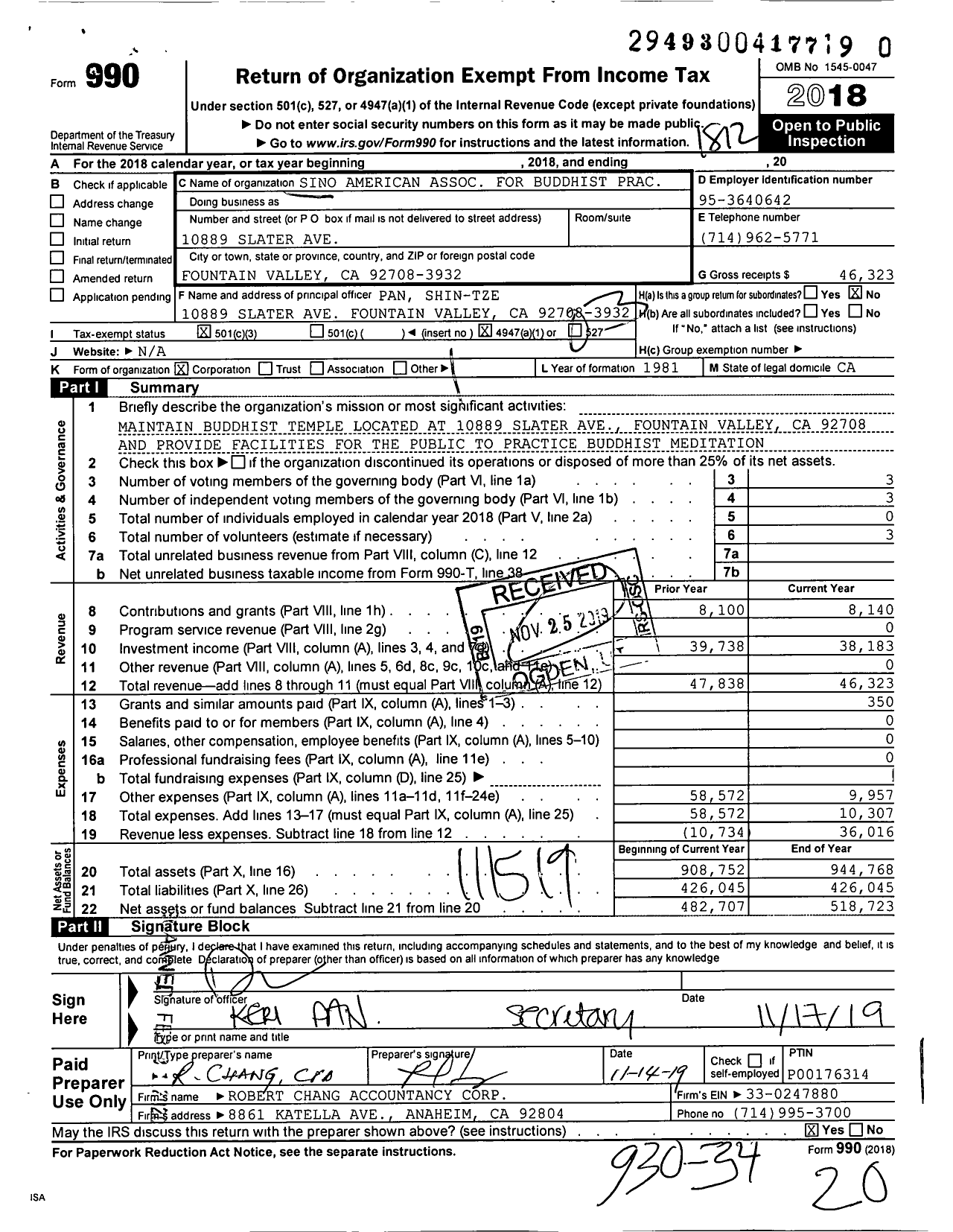 Image of first page of 2018 Form 990 for Sino American Association for Buddhist Practices