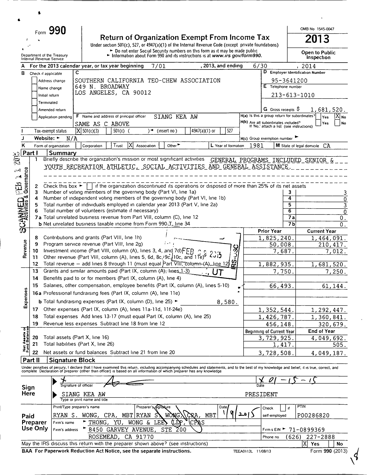 Image of first page of 2013 Form 990 for Southern California Teo Chew Association