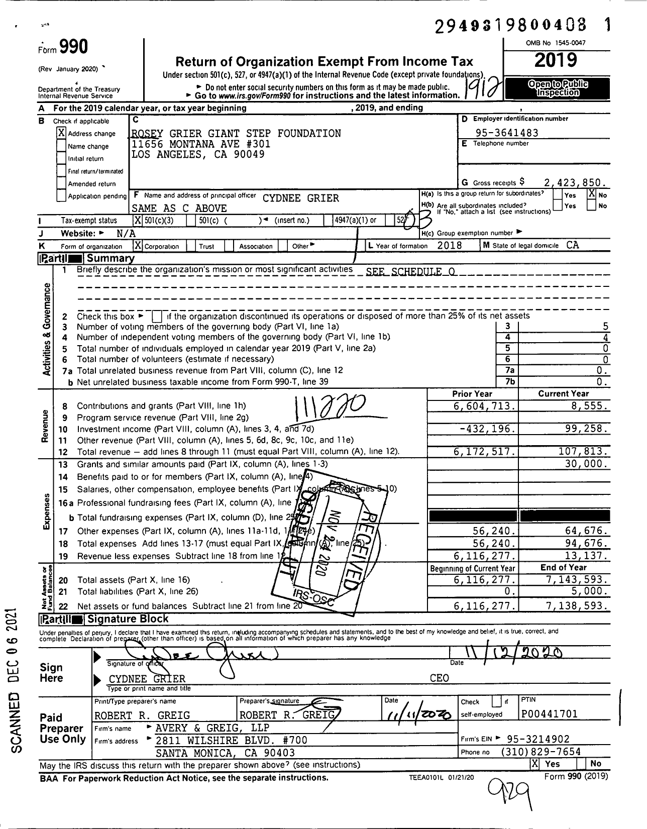 Image of first page of 2019 Form 990 for Rosey Grier Giant Step Foundation