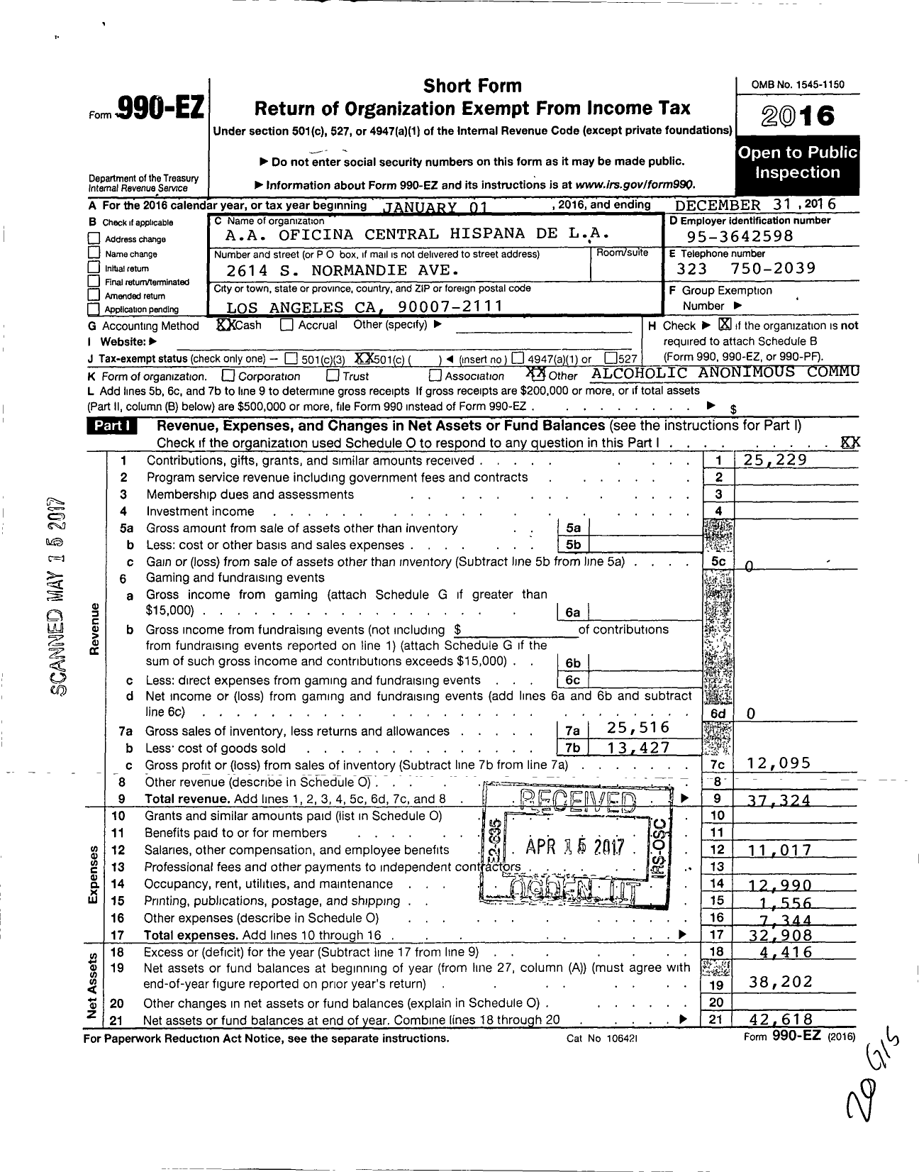Image of first page of 2016 Form 990EO for Aa Oficina Central Hispana de Los Angeles