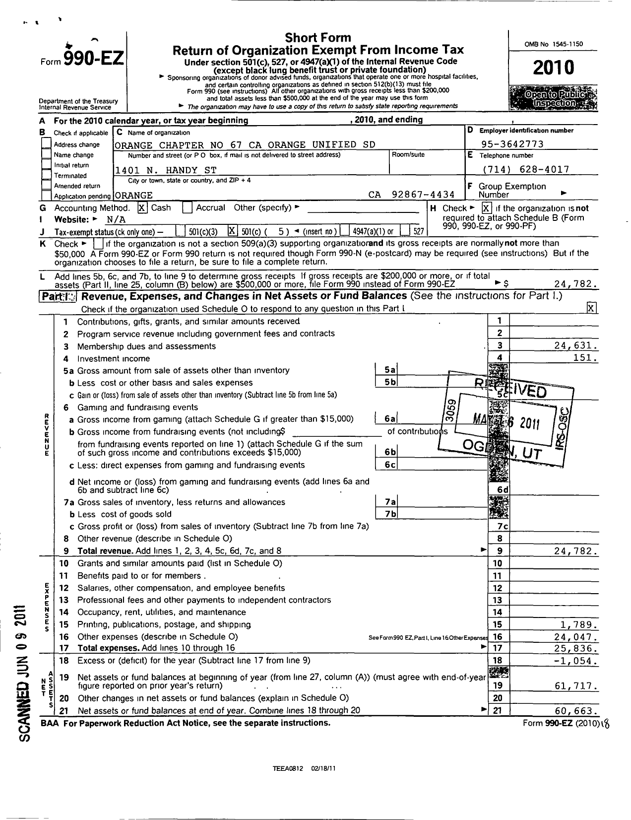 Image of first page of 2010 Form 990EO for California School Employees Association - 67 Orange