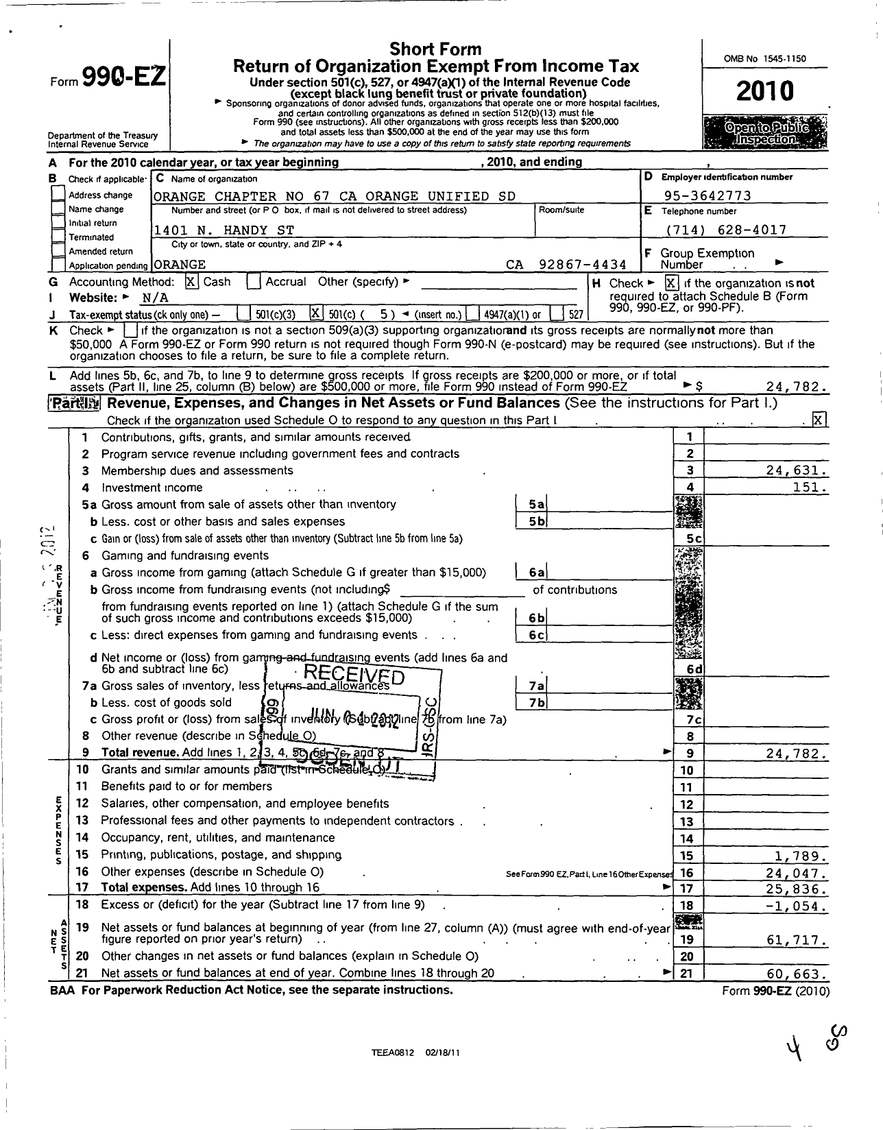 Image of first page of 2010 Form 990EO for California School Employees Association - 67 Orange