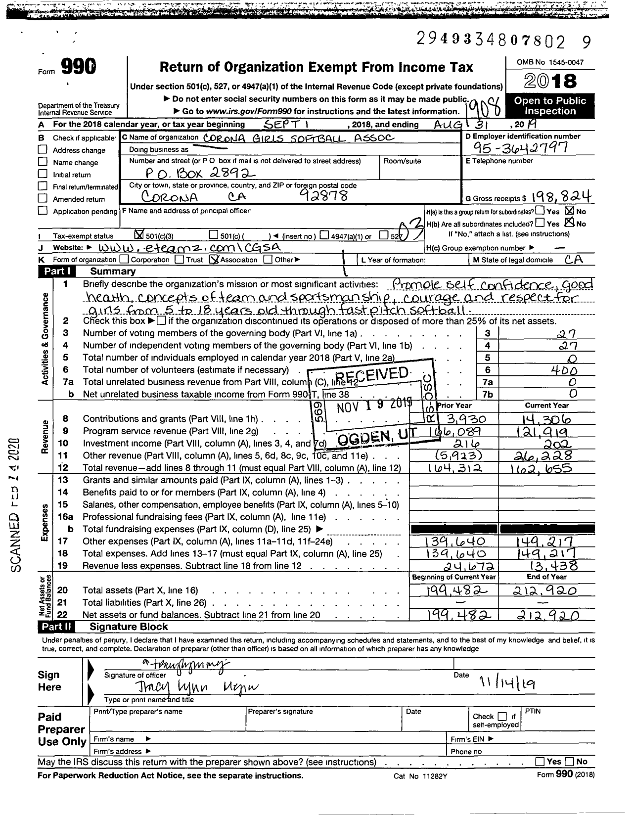 Image of first page of 2018 Form 990 for Corona Girls Softball Association