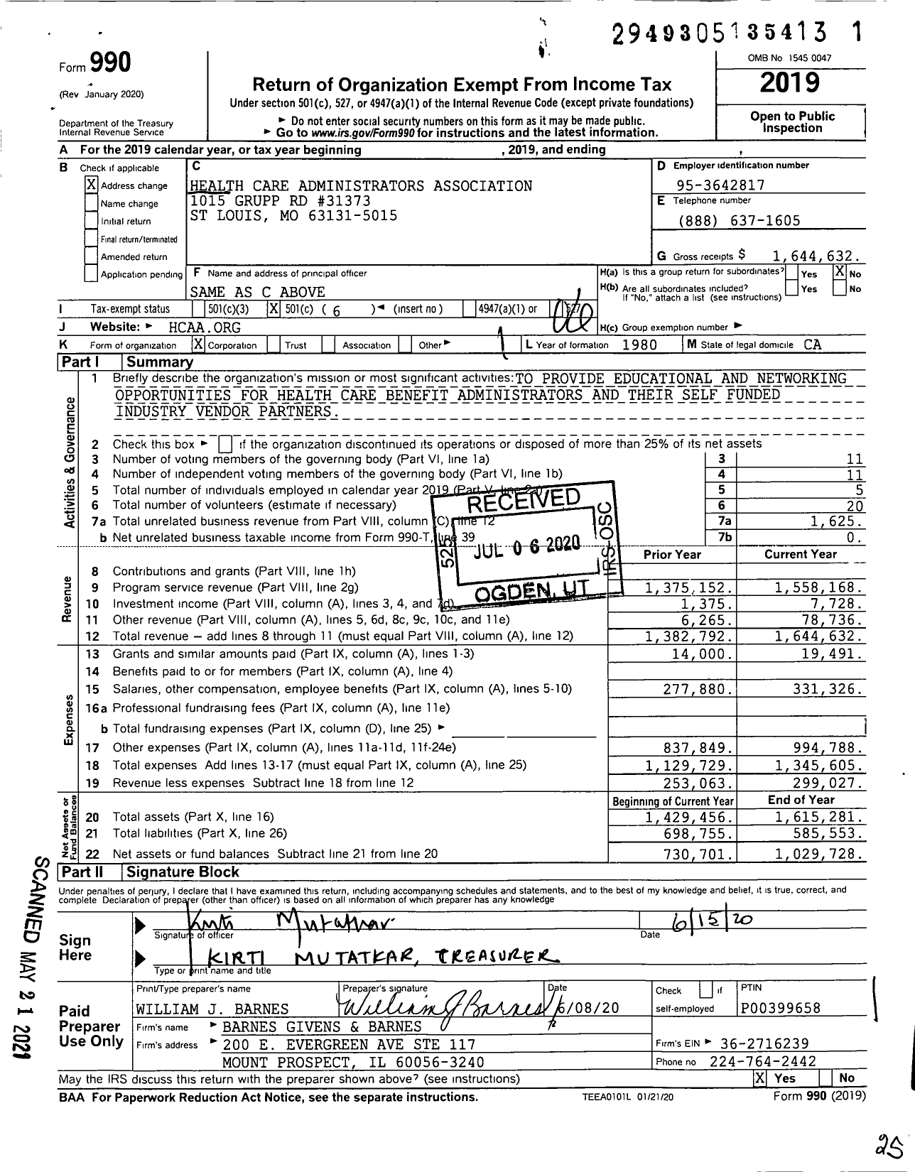 Image of first page of 2019 Form 990O for Health Care Administrators Association