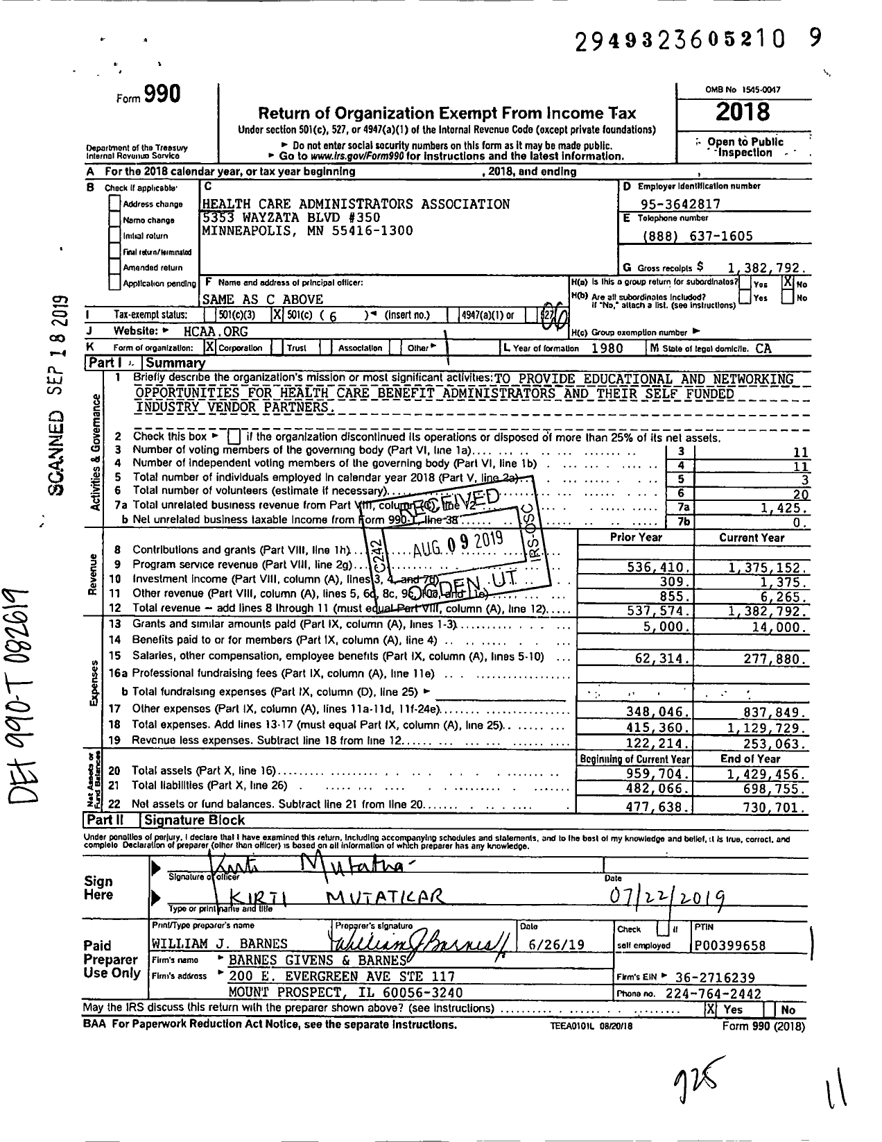 Image of first page of 2018 Form 990O for Health Care Administrators Association