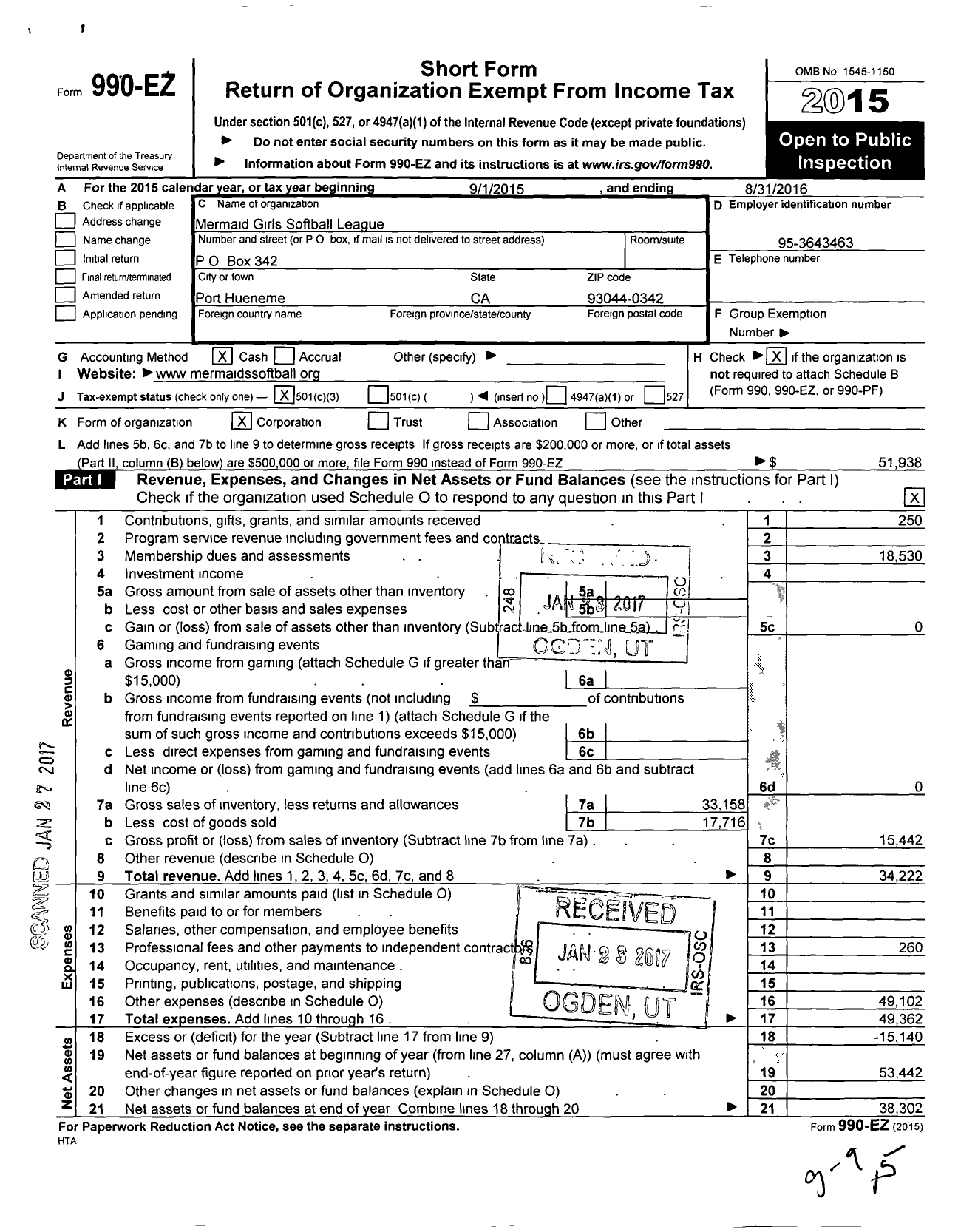 Image of first page of 2015 Form 990EZ for Mermaid Girls Softball League