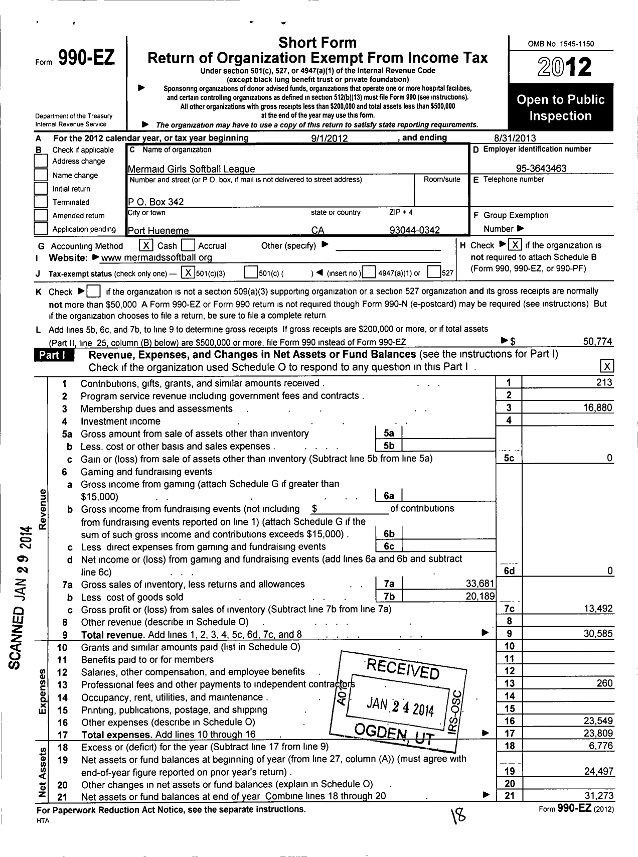 Image of first page of 2012 Form 990EZ for Mermaid Girls Softball League