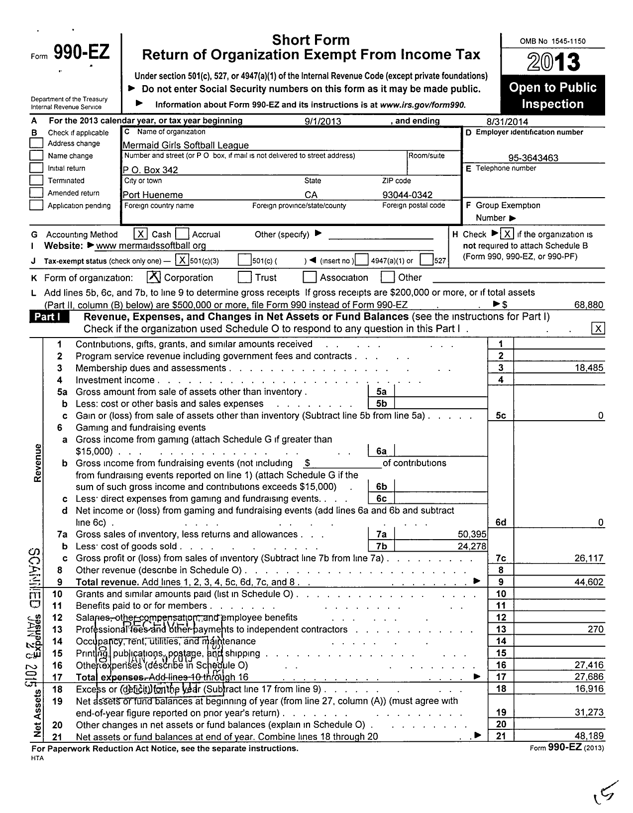 Image of first page of 2013 Form 990EZ for Mermaid Girls Softball League