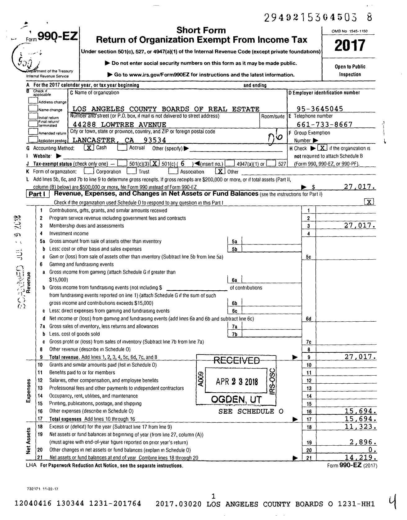 Image of first page of 2017 Form 990EO for Los Angeles County Boards of Real Estate