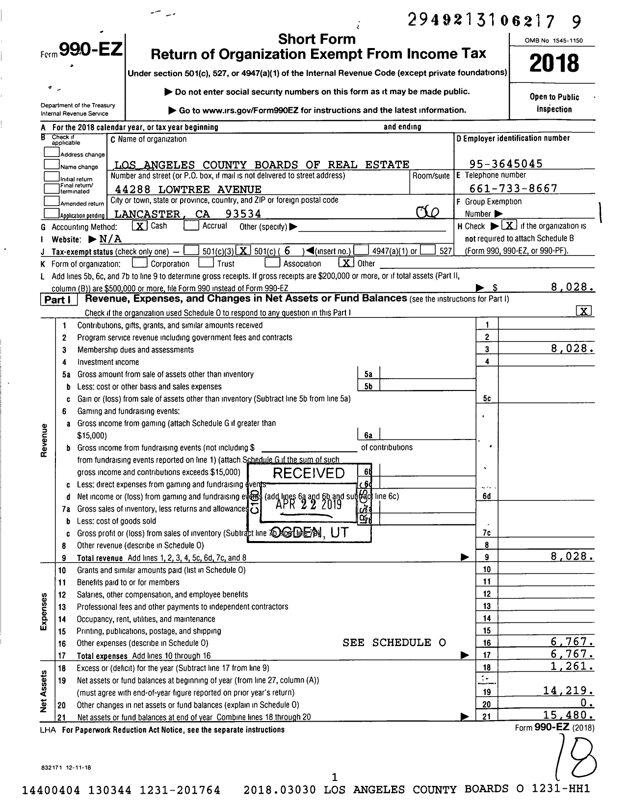 Image of first page of 2018 Form 990EO for Los Angeles County Boards of Real Estate