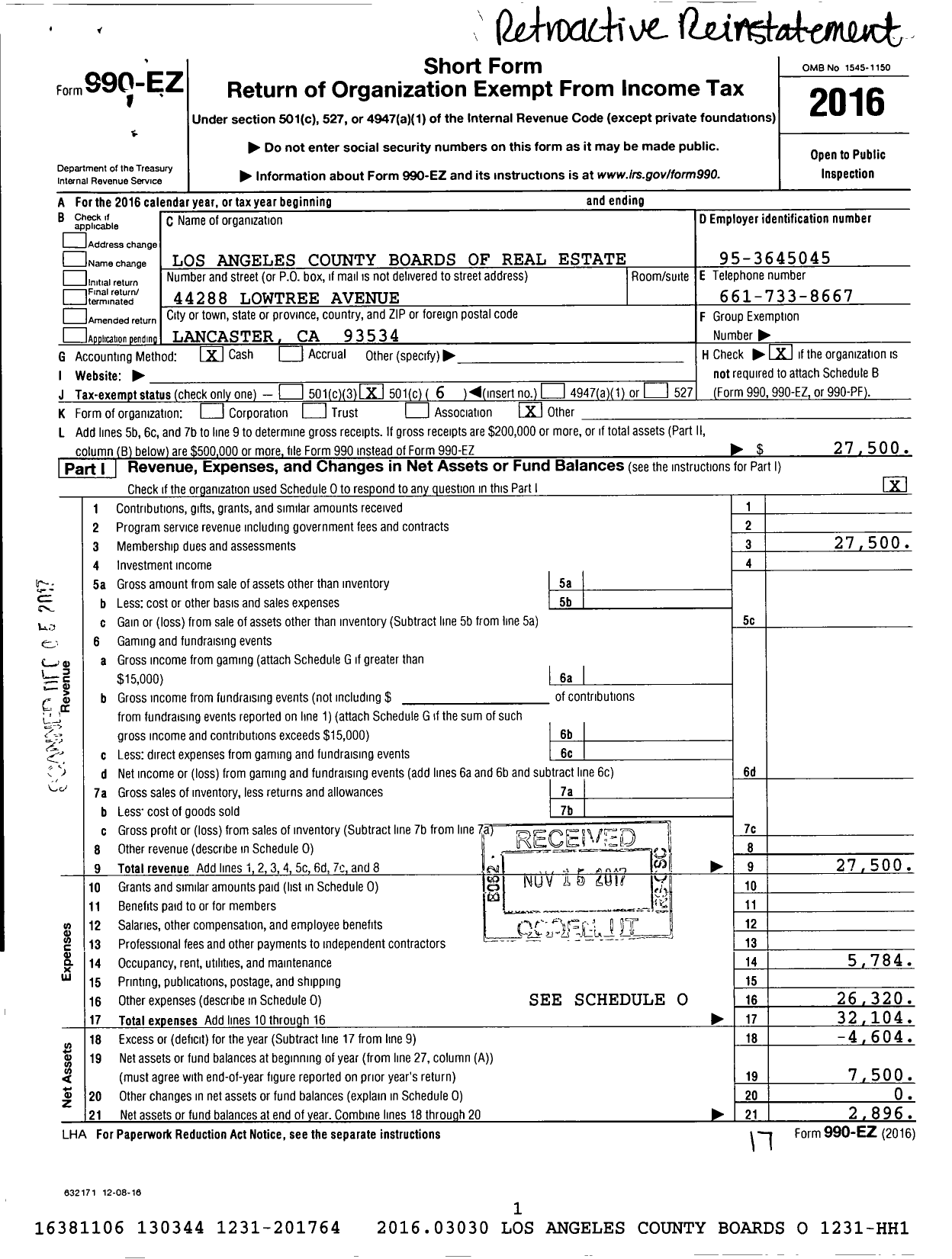 Image of first page of 2016 Form 990EO for Los Angeles County Boards of Real Estate