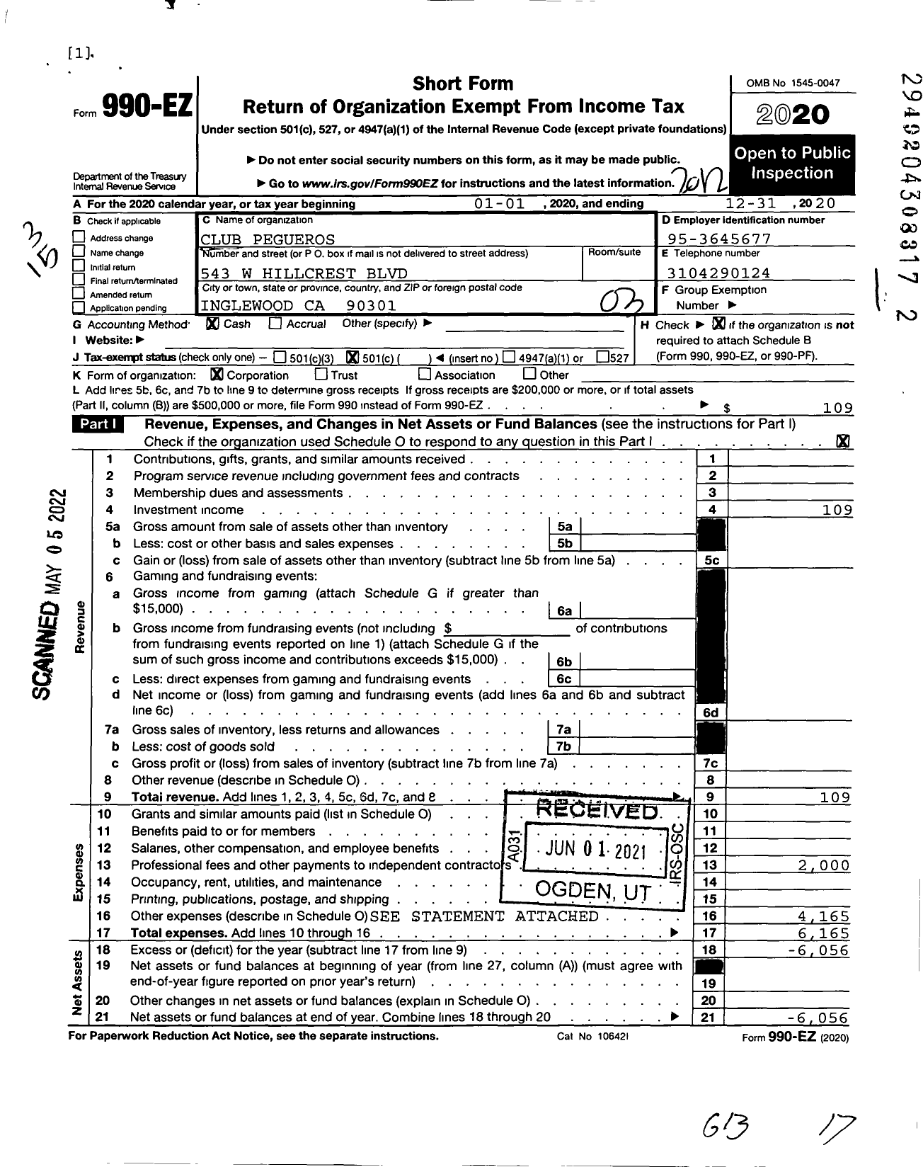 Image of first page of 2020 Form 990EZ for Club Pegueros