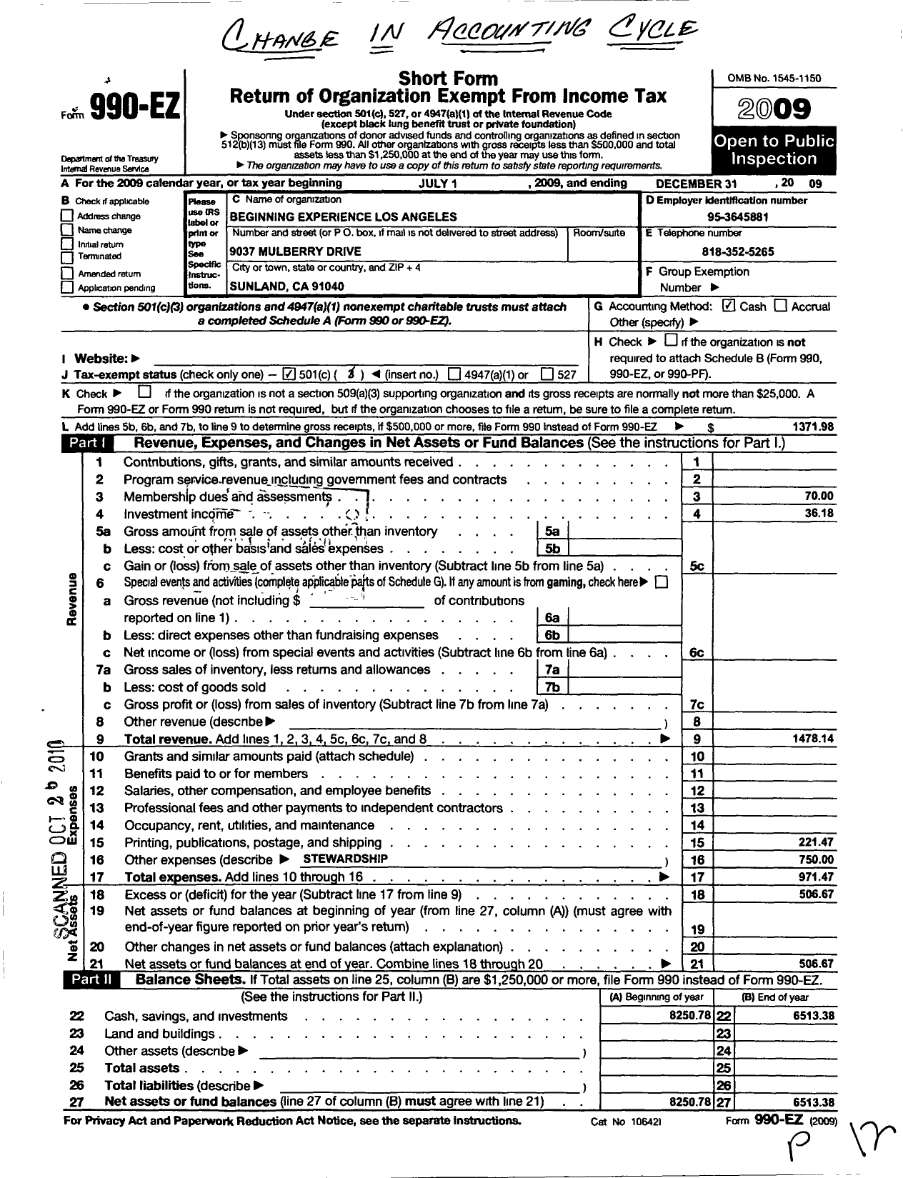 Image of first page of 2009 Form 990EZ for Beginning Experience International Ministry Center - 524 Beginning Experience Los Angele