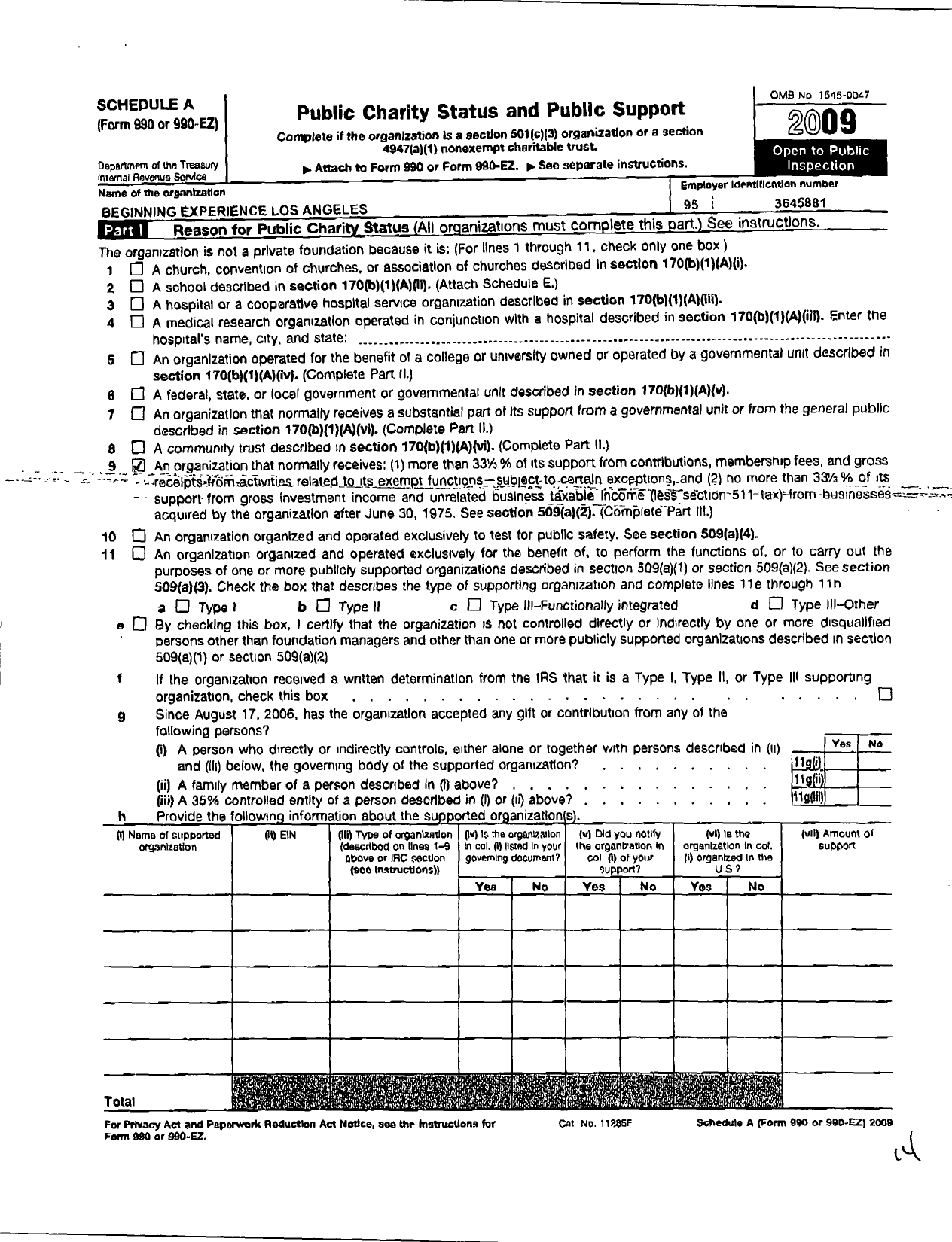 Image of first page of 2009 Form 990ER for Beginning Experience International Ministry Center - 524 Beginning Experience Los Angele