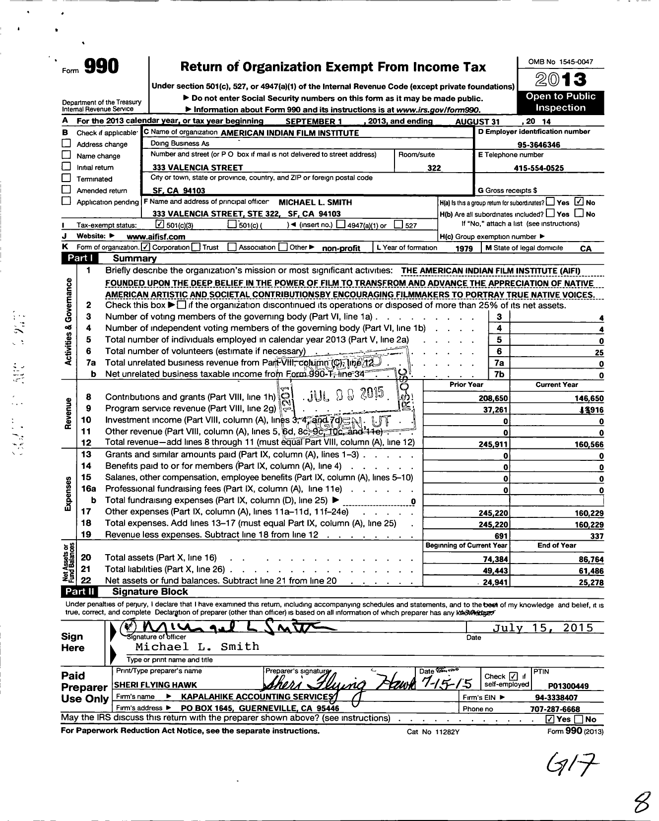 Image of first page of 2013 Form 990 for American Indian Film Institute