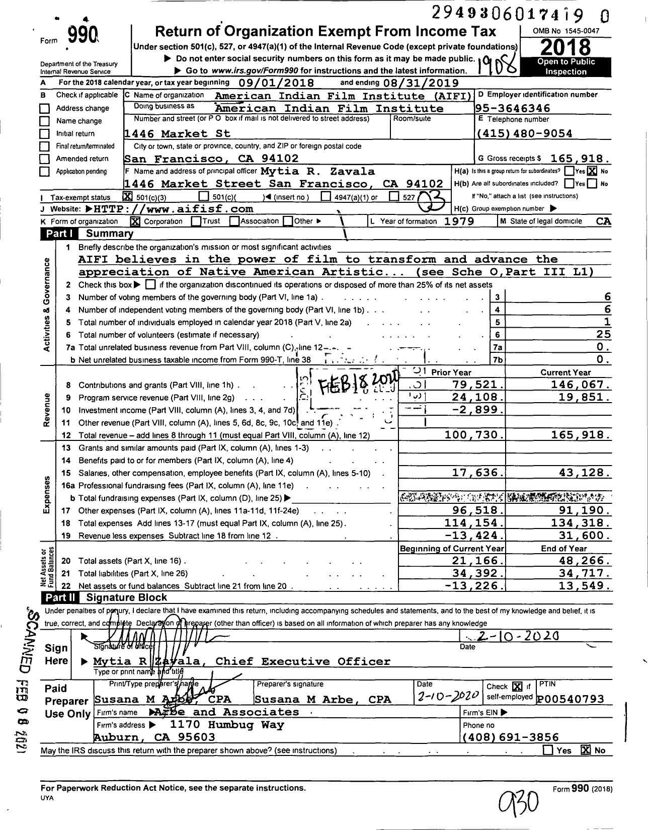 Image of first page of 2018 Form 990 for American Indian Film Institute