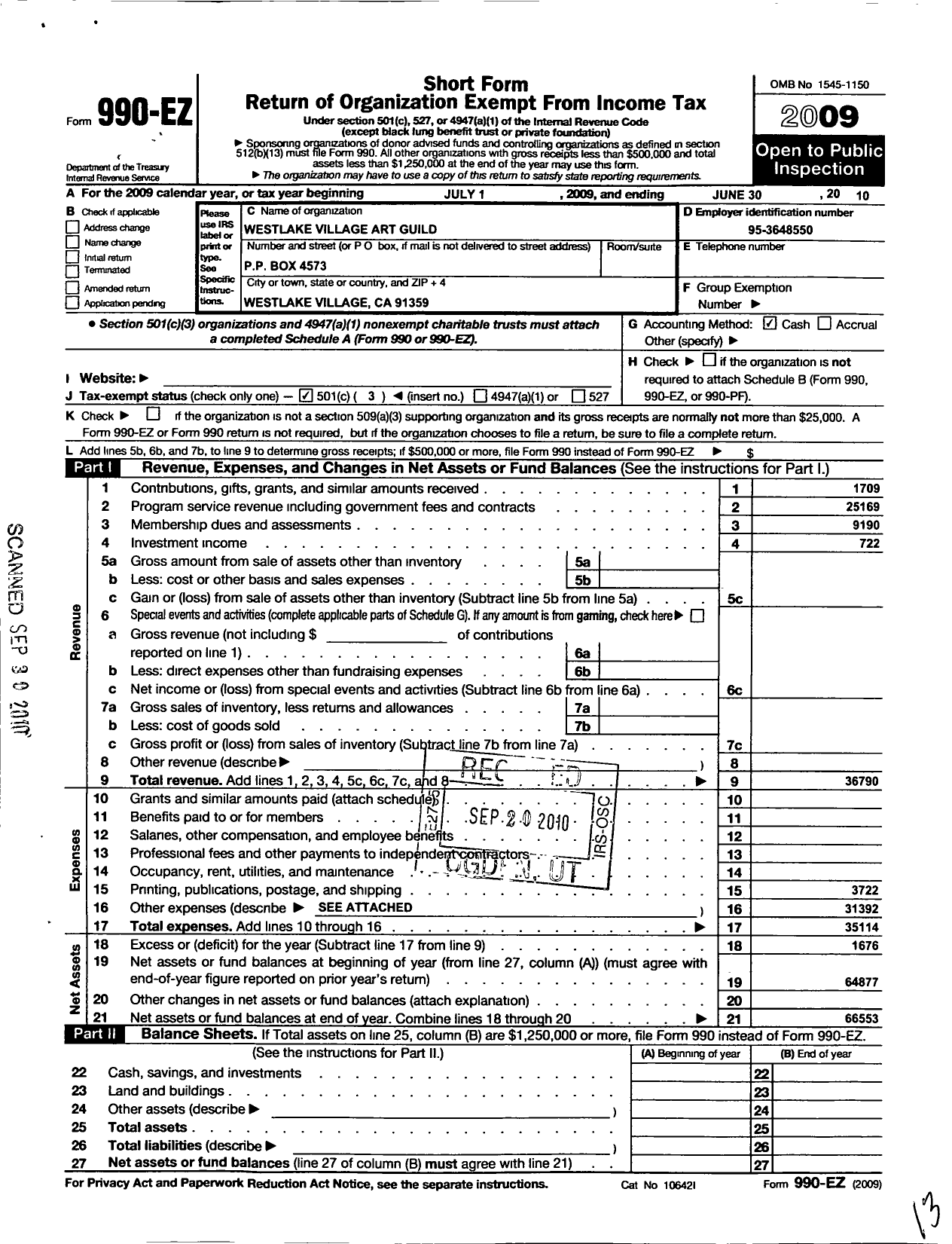 Image of first page of 2009 Form 990EZ for Westlake Village Art Guild