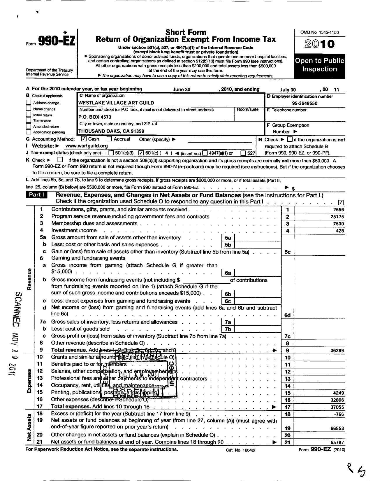 Image of first page of 2010 Form 990EO for Westlake Village Art Guild