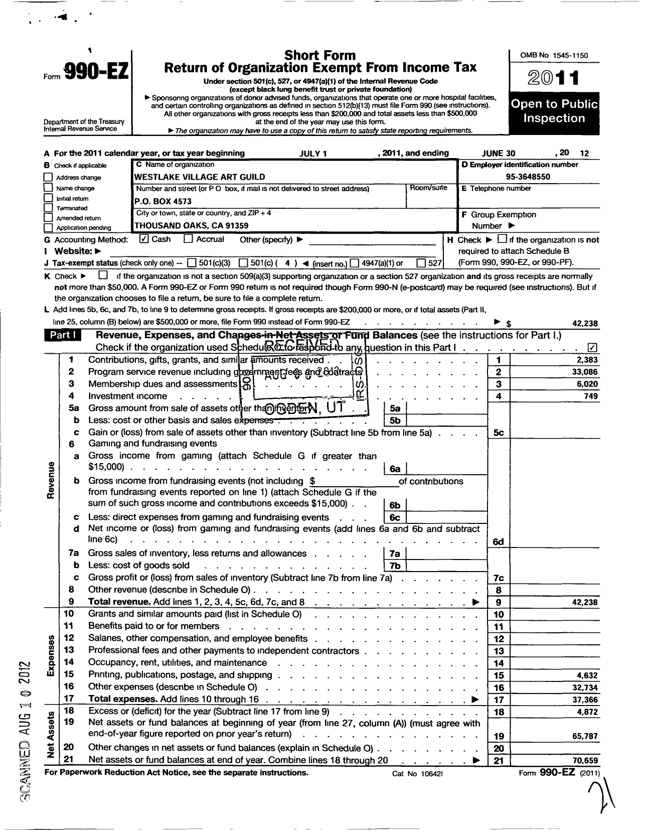 Image of first page of 2011 Form 990EO for Westlake Village Art Guild