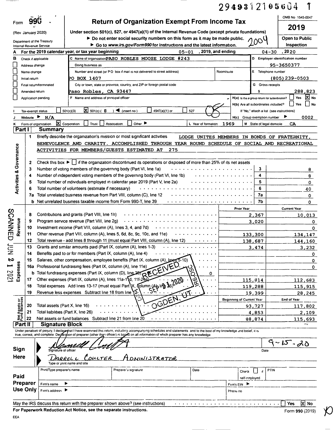 Image of first page of 2019 Form 990O for Loyal Order of Moose - 243