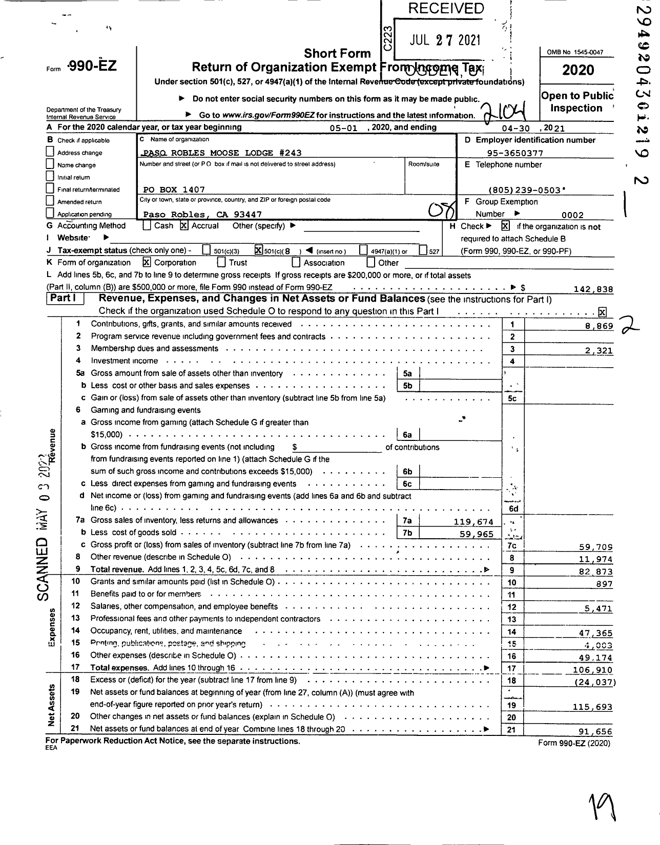 Image of first page of 2020 Form 990EO for Loyal Order of Moose - 243