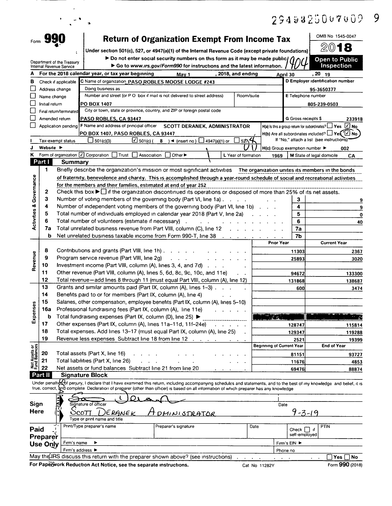 Image of first page of 2018 Form 990O for Loyal Order of Moose - 243