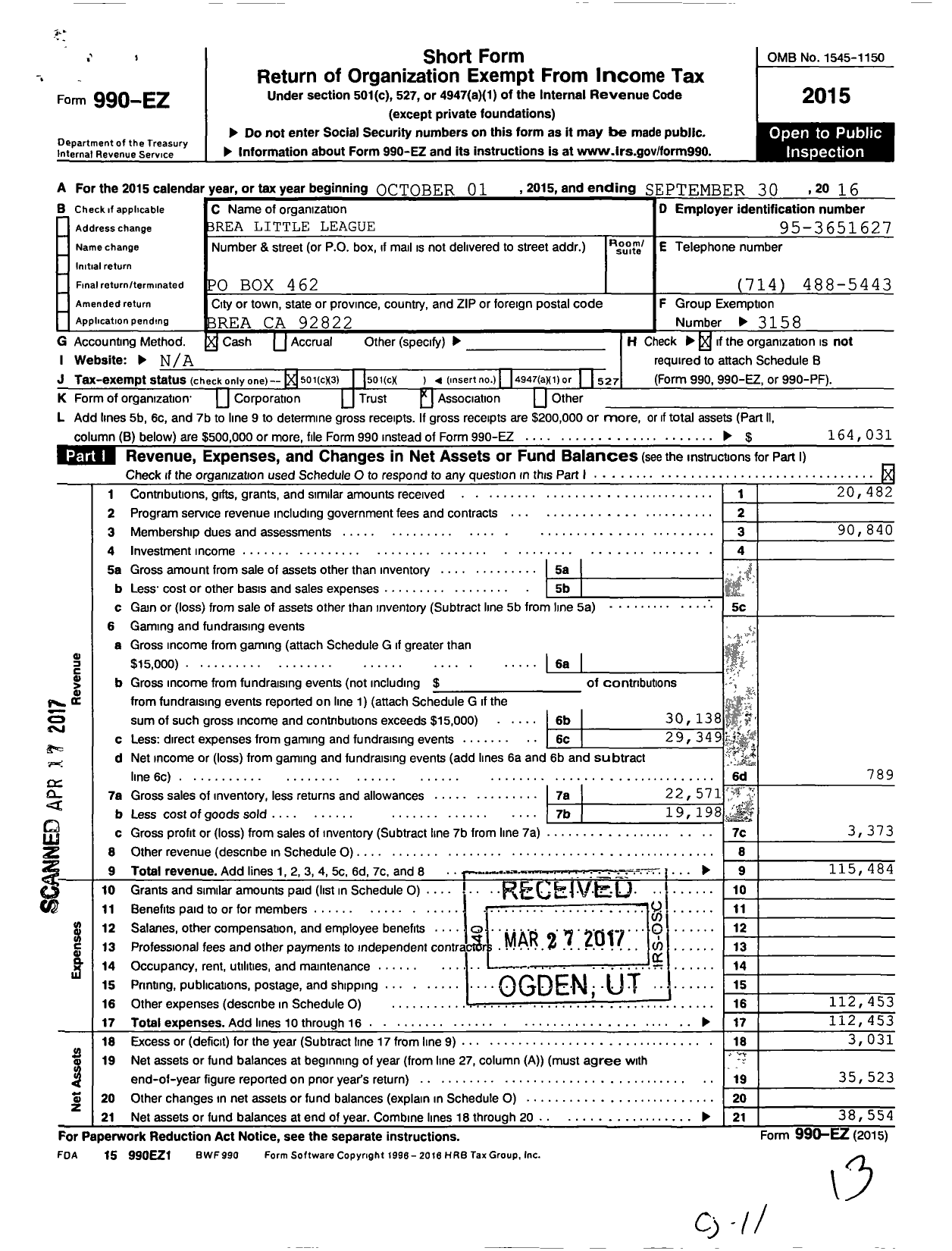 Image of first page of 2015 Form 990EZ for Little League Baseball - 4055601 Brea LL