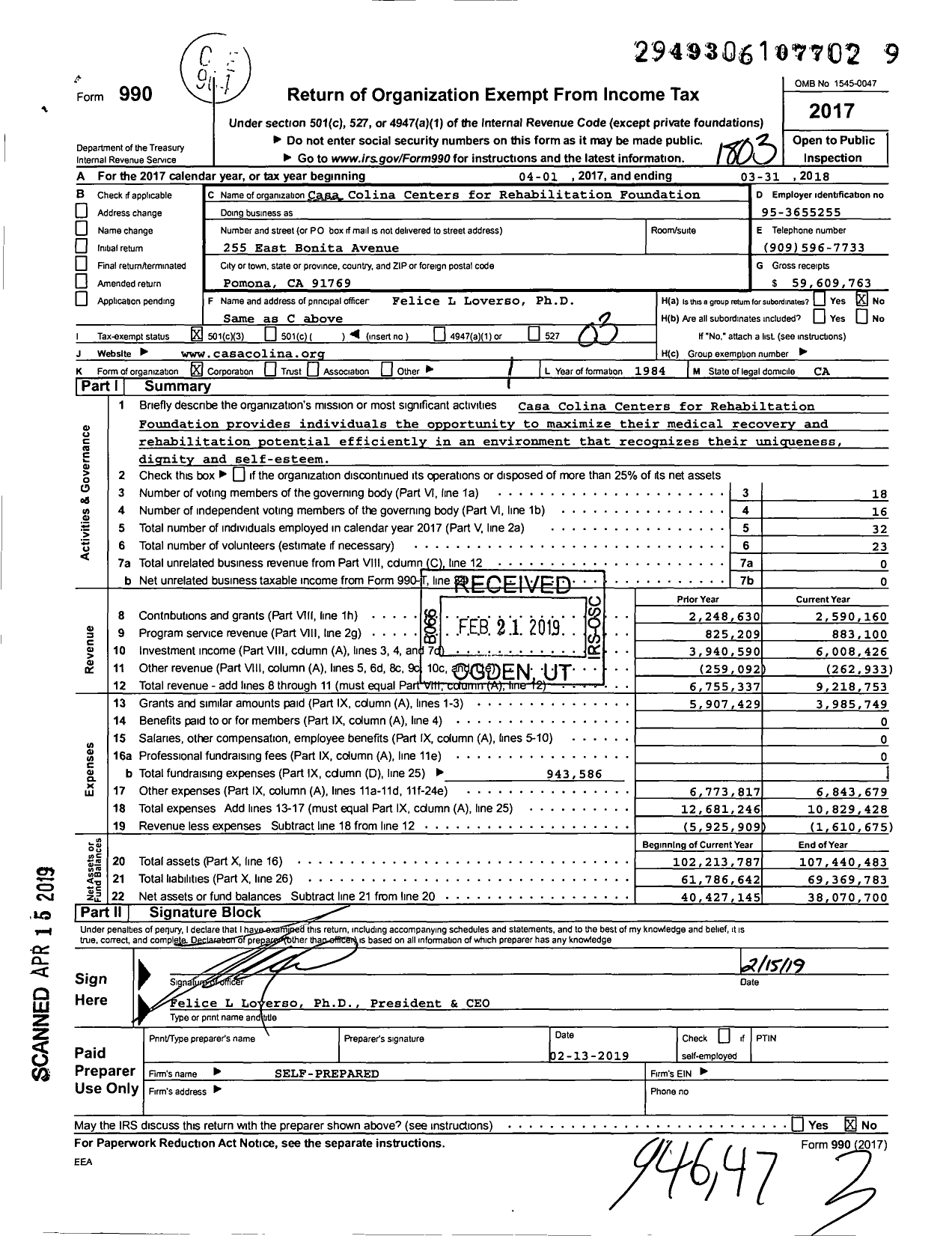 Image of first page of 2017 Form 990 for Casa Colina Foundation