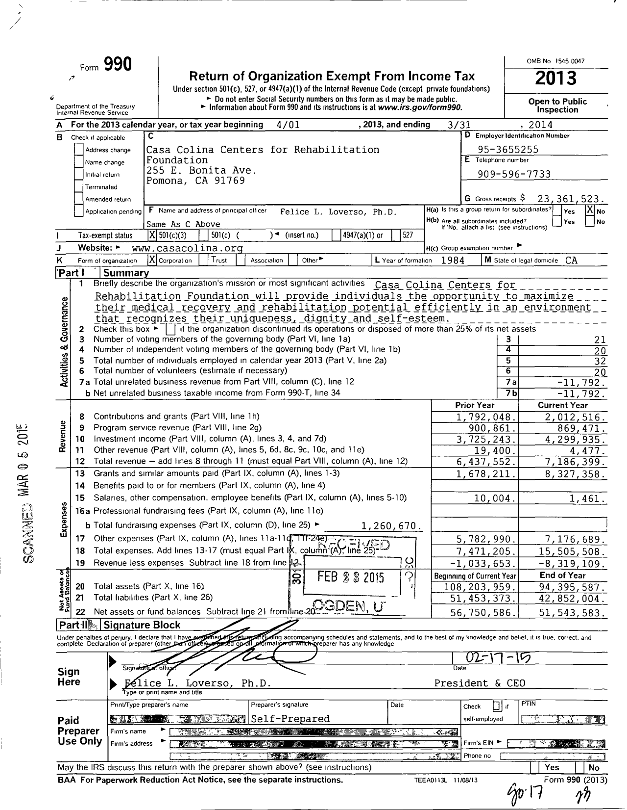 Image of first page of 2013 Form 990 for Casa Colina Foundation
