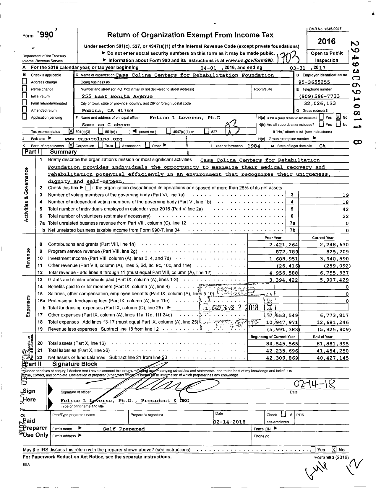 Image of first page of 2016 Form 990 for Casa Colina Foundation