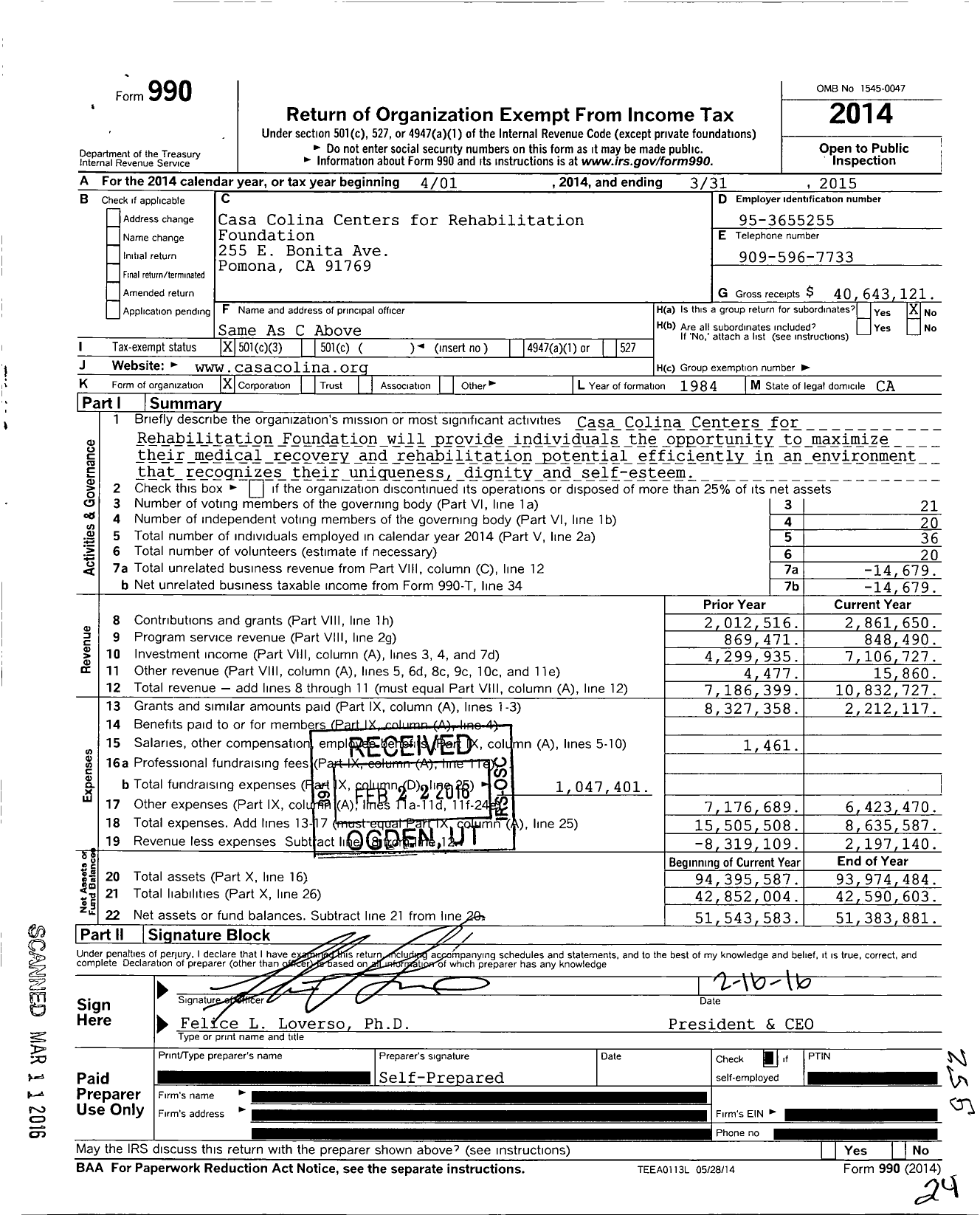Image of first page of 2014 Form 990 for Casa Colina Foundation